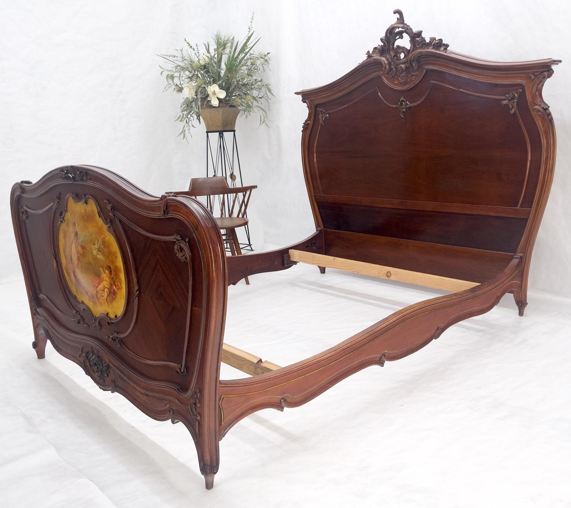 EstablishedLines Hand Paint Decorated Plaque Carved Walnut Queen Size French Bed Headboard Rails