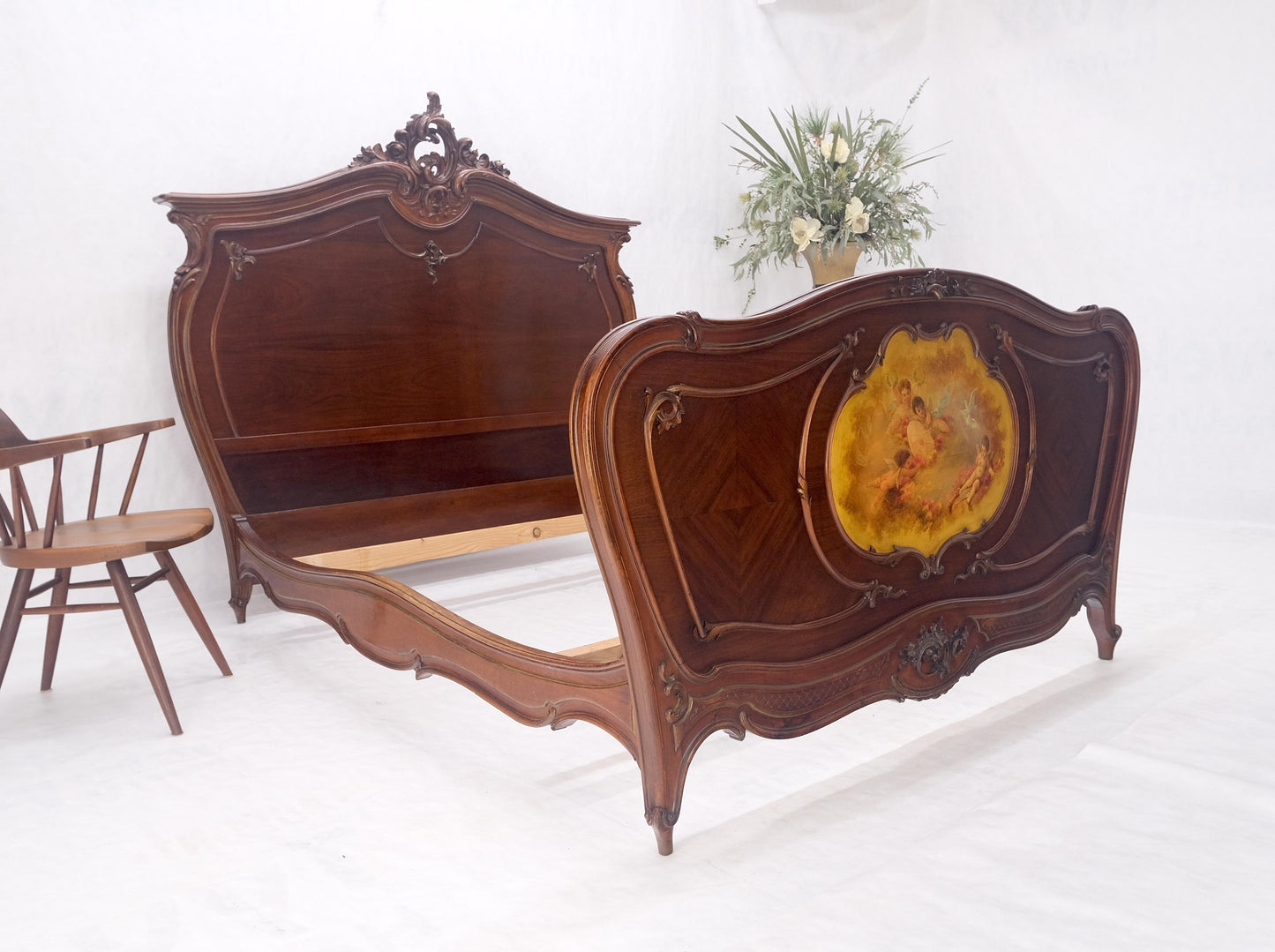 EstablishedLines Hand Paint Decorated Plaque Carved Walnut Queen Size French Bed Headboard Rails