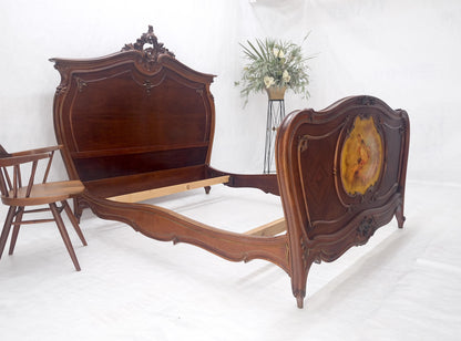 EstablishedLines Hand Paint Decorated Plaque Carved Walnut Queen Size French Bed Headboard Rails
