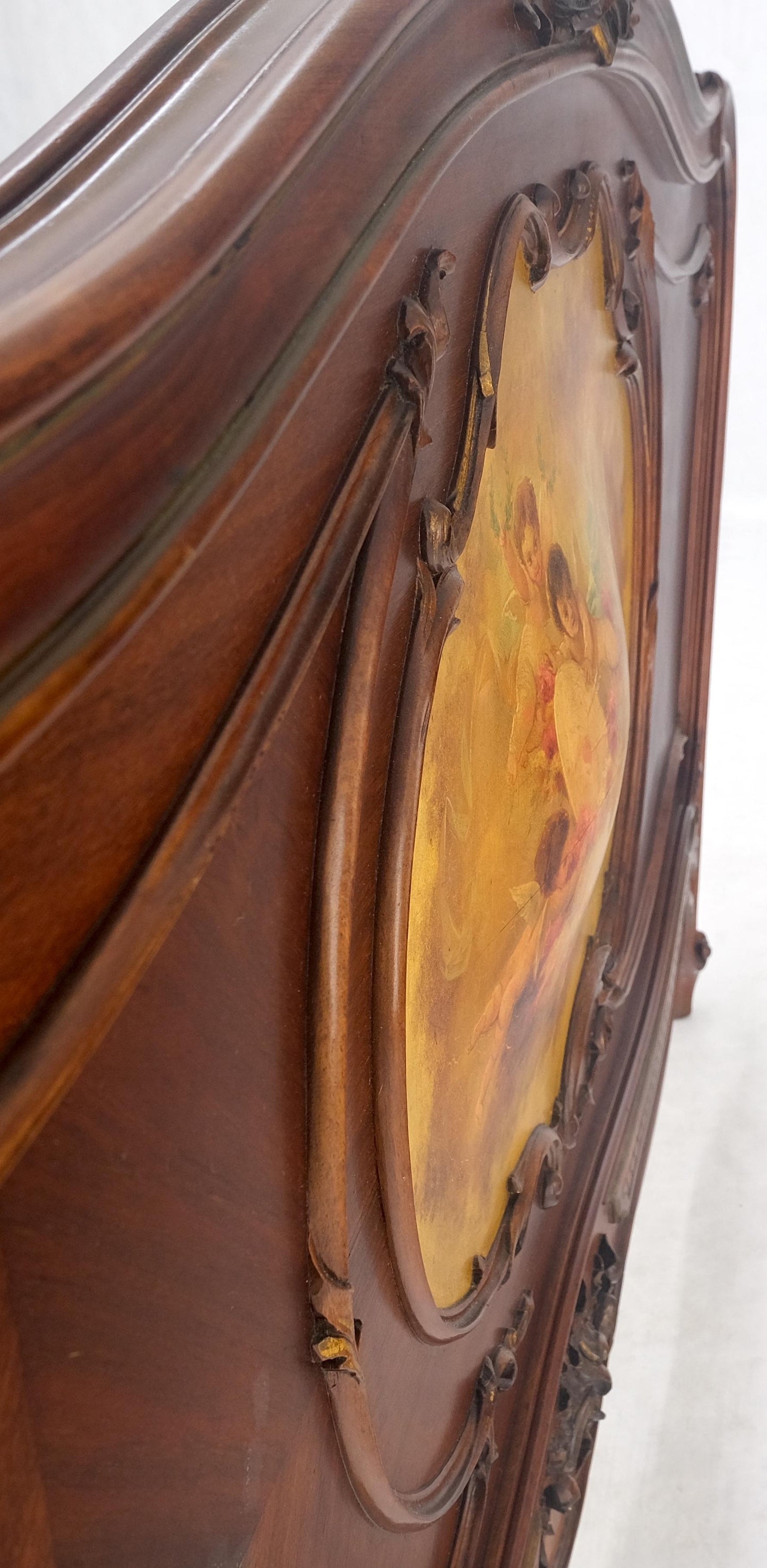 EstablishedLines Hand Paint Decorated Plaque Carved Walnut Queen Size French Bed Headboard Rails