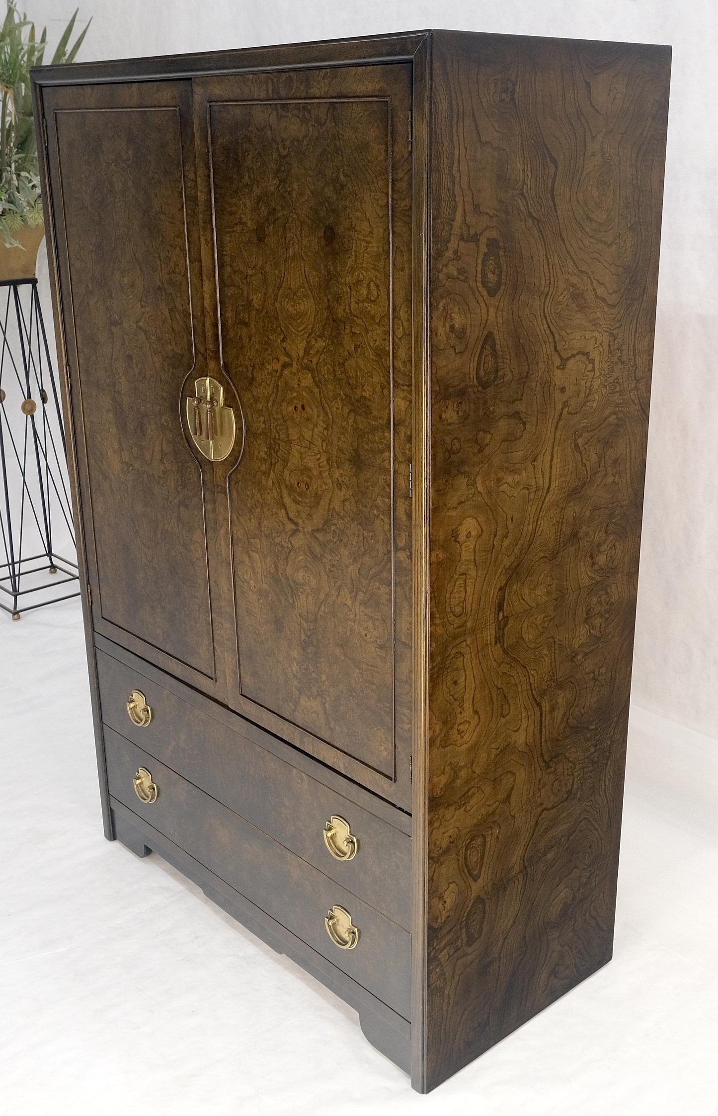 Large Burl Wood Brass 2 Doors Drawer Mastercraft Gentleman's Chest Dresser MINT