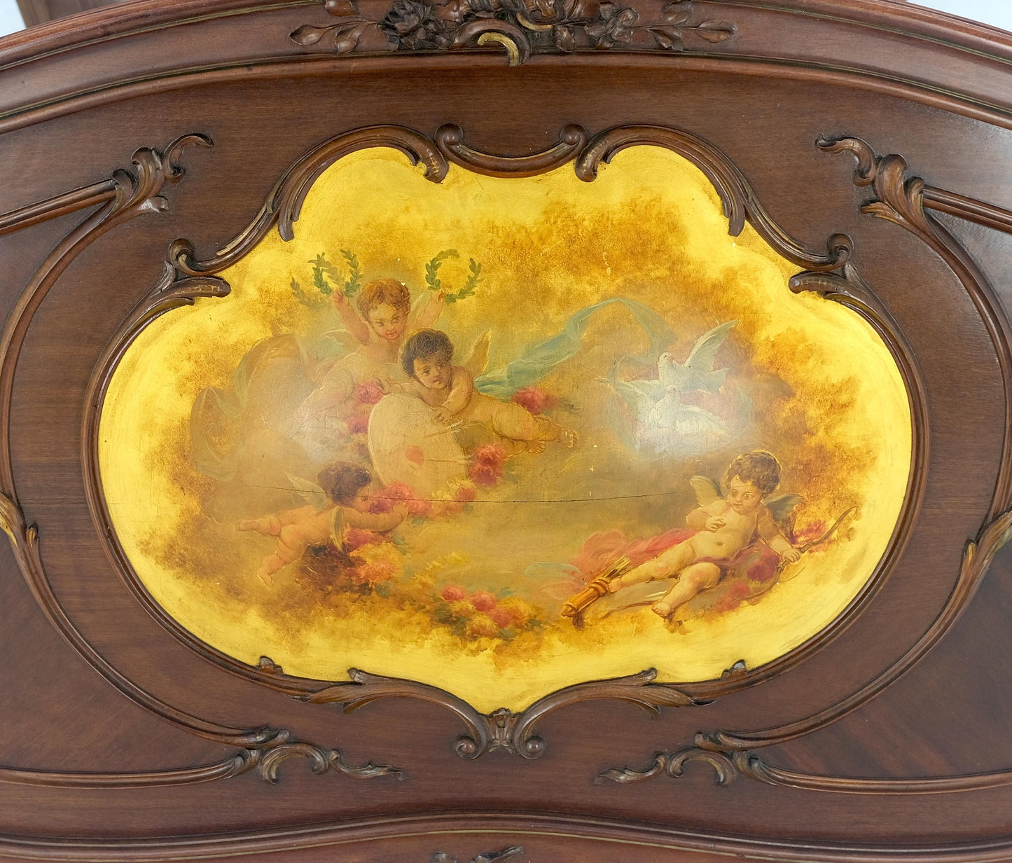 EstablishedLines Hand Paint Decorated Plaque Carved Walnut Queen Size French Bed Headboard Rails