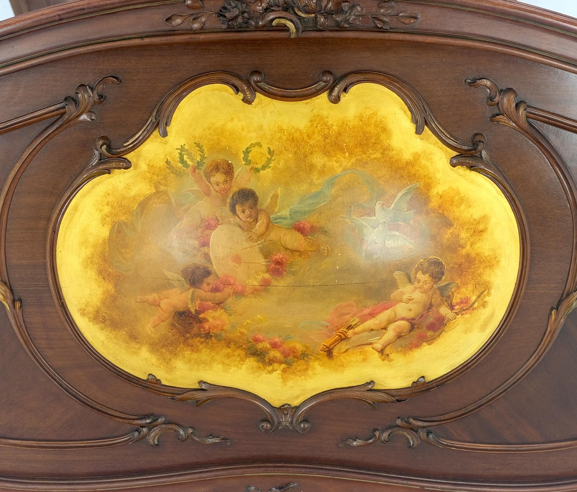 EstablishedLines Hand Paint Decorated Plaque Carved Walnut Queen Size French Bed Headboard Rails