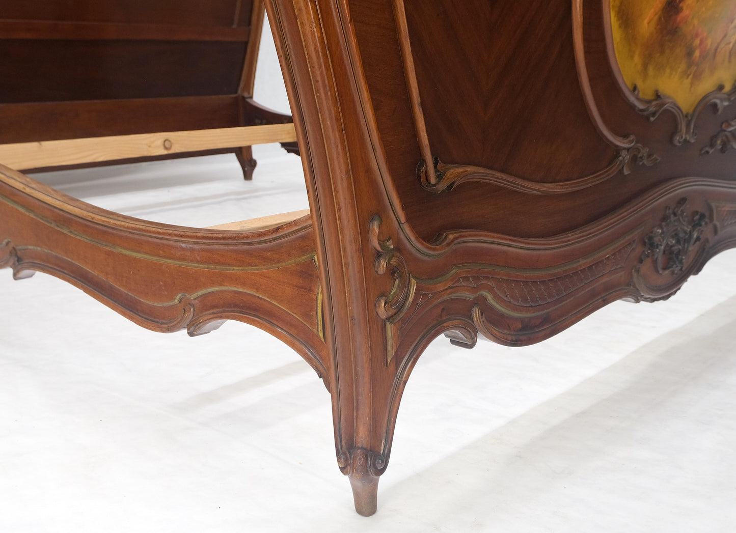 EstablishedLines Hand Paint Decorated Plaque Carved Walnut Queen Size French Bed Headboard Rails