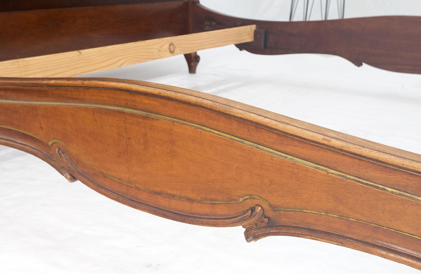 EstablishedLines Hand Paint Decorated Plaque Carved Walnut Queen Size French Bed Headboard Rails