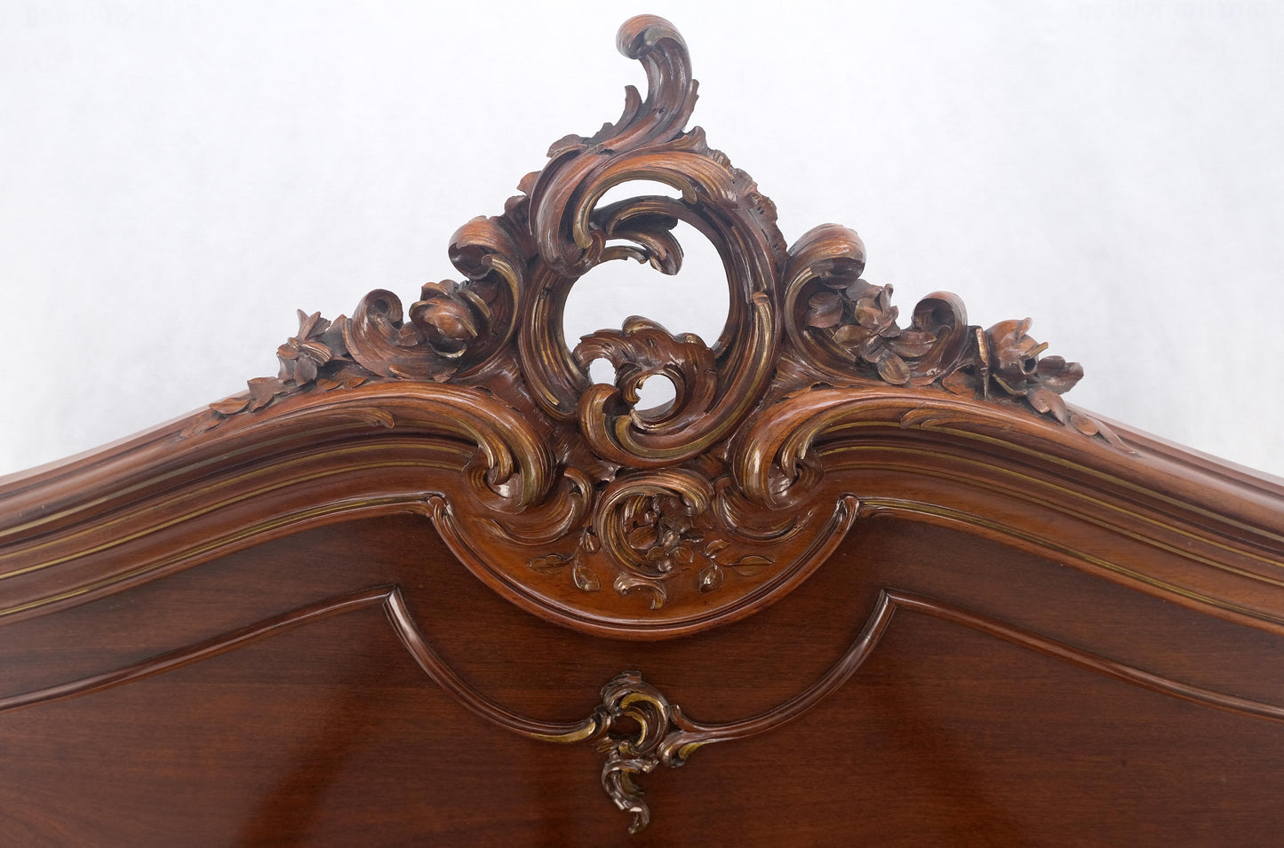 EstablishedLines Hand Paint Decorated Plaque Carved Walnut Queen Size French Bed Headboard Rails