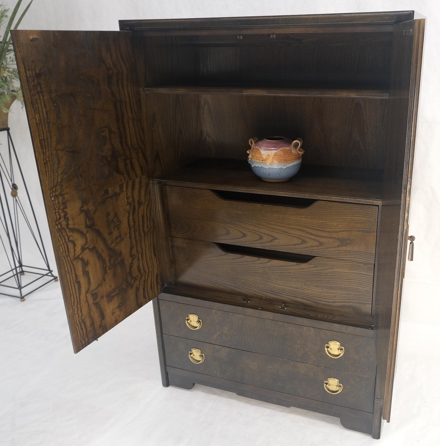 Large Burl Wood Brass 2 Doors Drawer Mastercraft Gentleman's Chest Dresser MINT