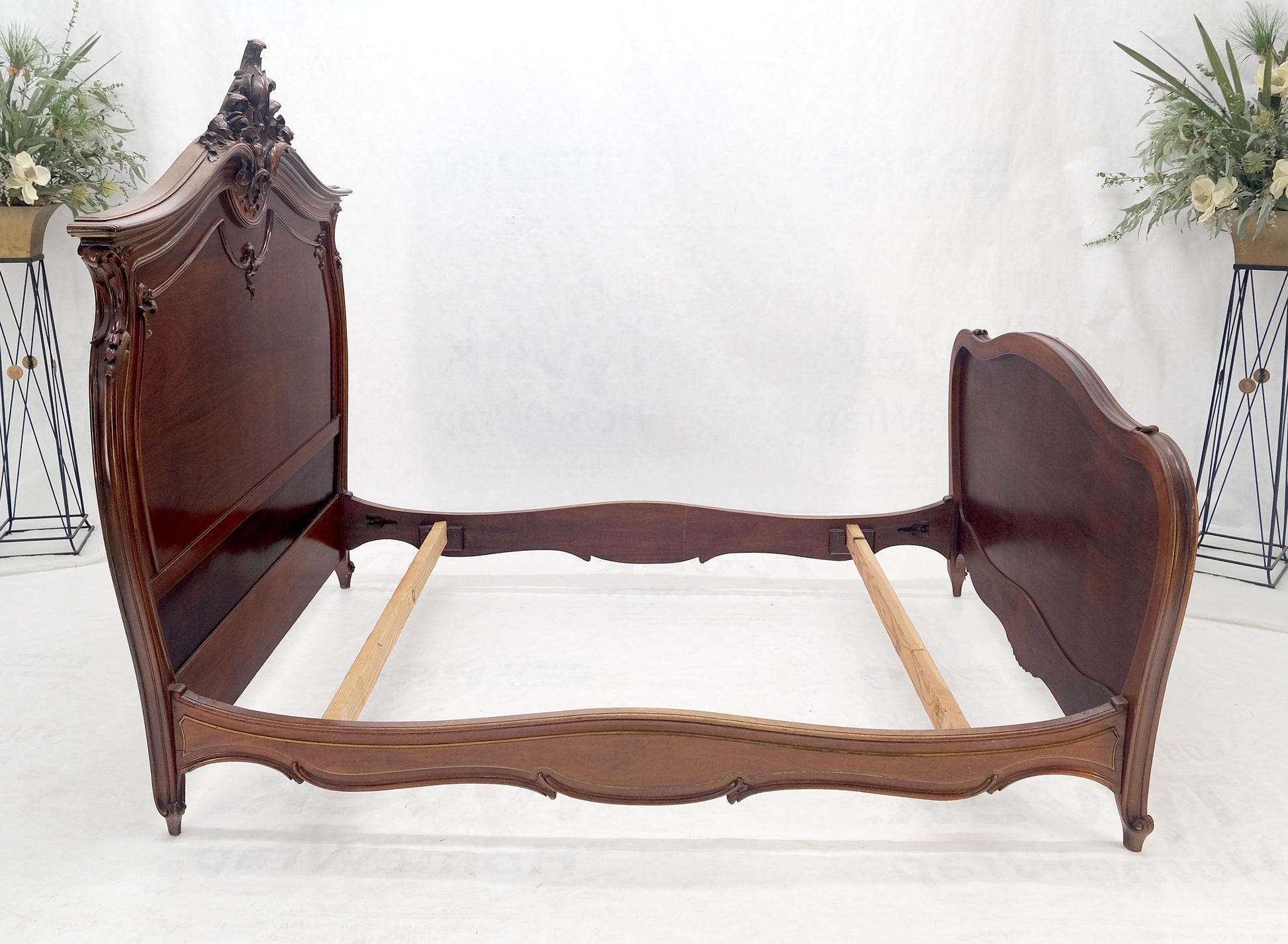 EstablishedLines Hand Paint Decorated Plaque Carved Walnut Queen Size French Bed Headboard Rails