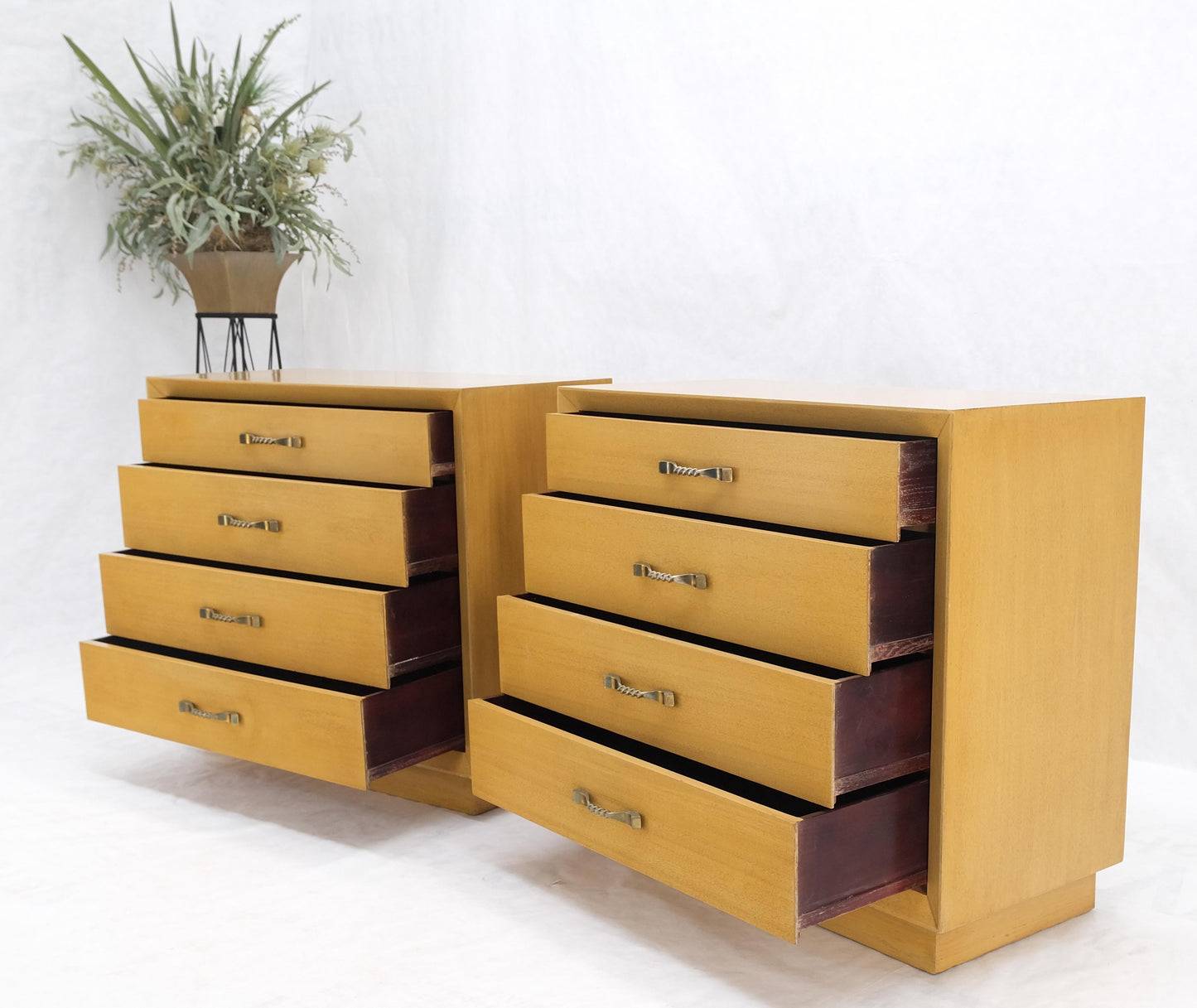 Pair Mid Century Modern Mahogany Twisted Solid Brass Pulls Bachelor Chests  MINT