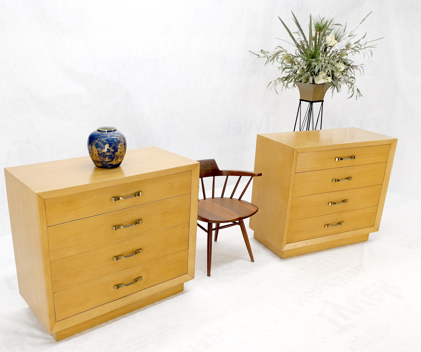 Pair Mid Century Modern Mahogany Twisted Solid Brass Pulls Bachelor Chests  MINT