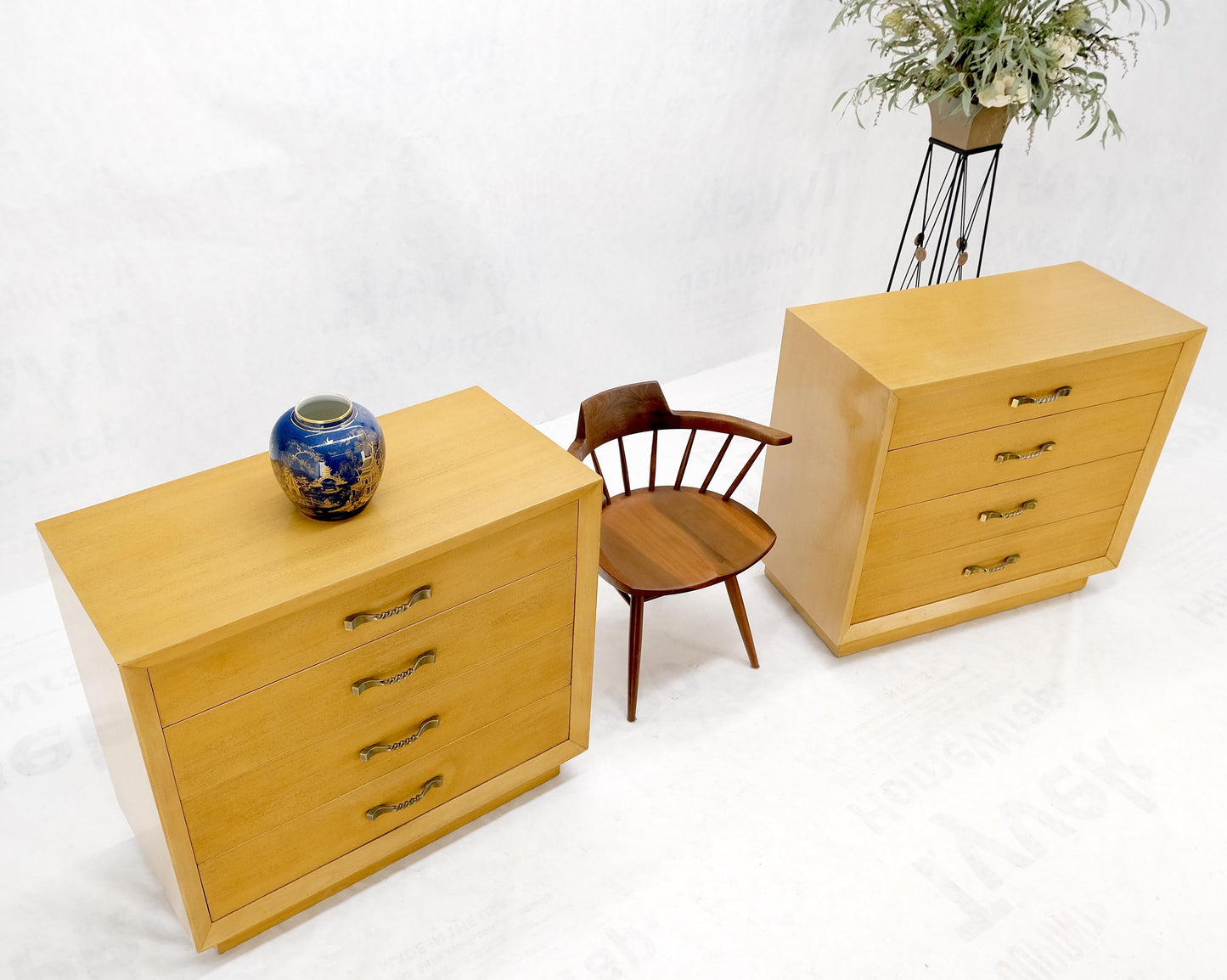 Pair Mid Century Modern Mahogany Twisted Solid Brass Pulls Bachelor Chests  MINT