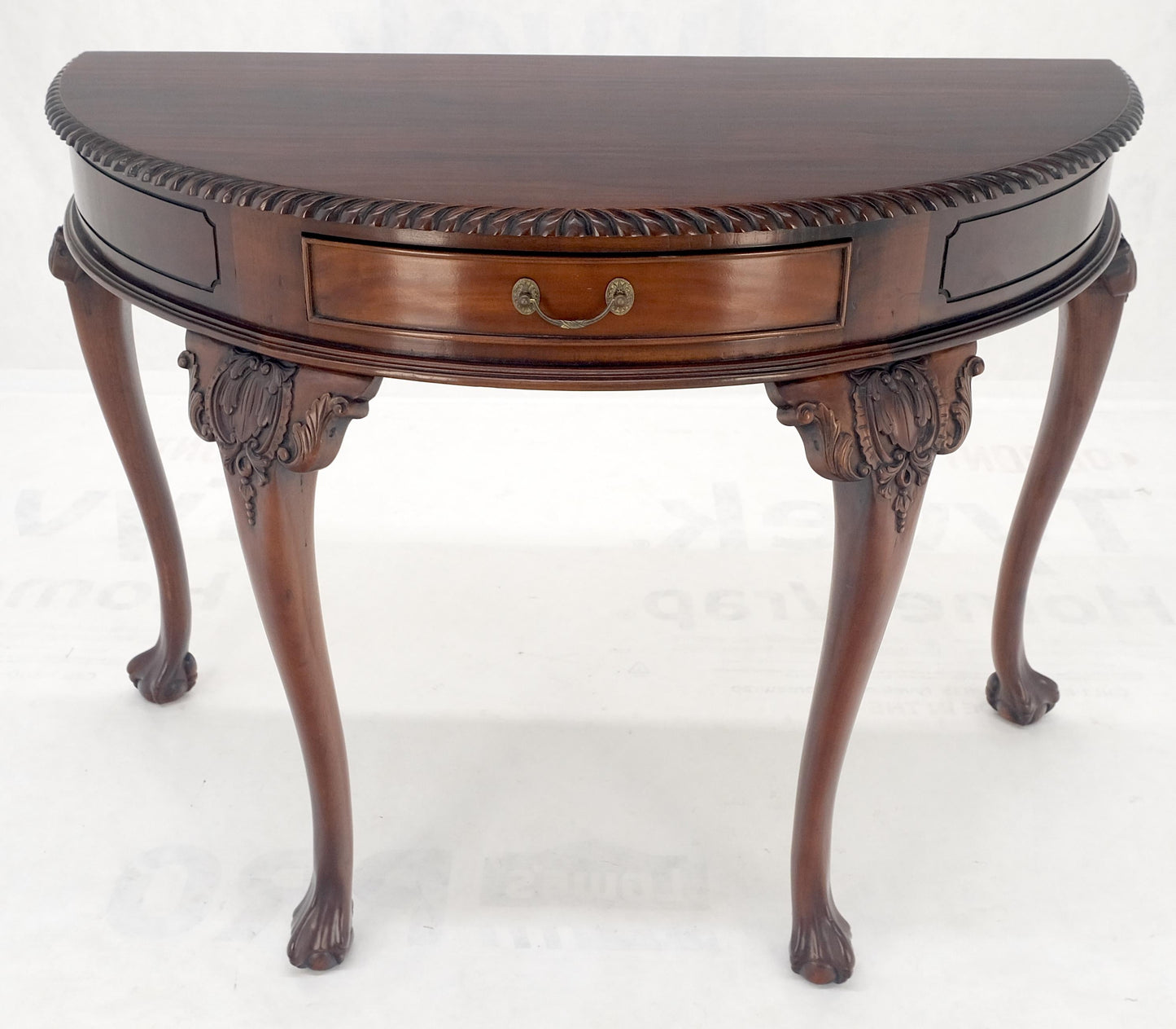 Demi Lune Carved Mahogany Rope Edge Ball & Claw Feet  One Drawer Console Table