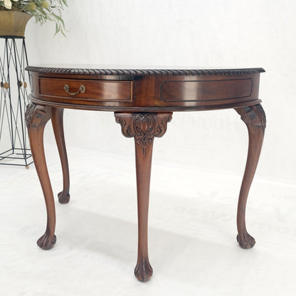 Demi Lune Carved Mahogany Rope Edge Ball & Claw Feet  One Drawer Console Table