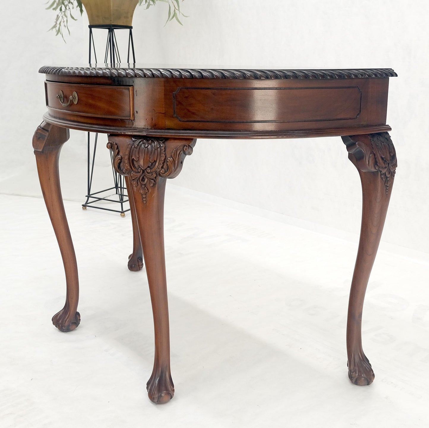Demi Lune Carved Mahogany Rope Edge Ball & Claw Feet  One Drawer Console Table