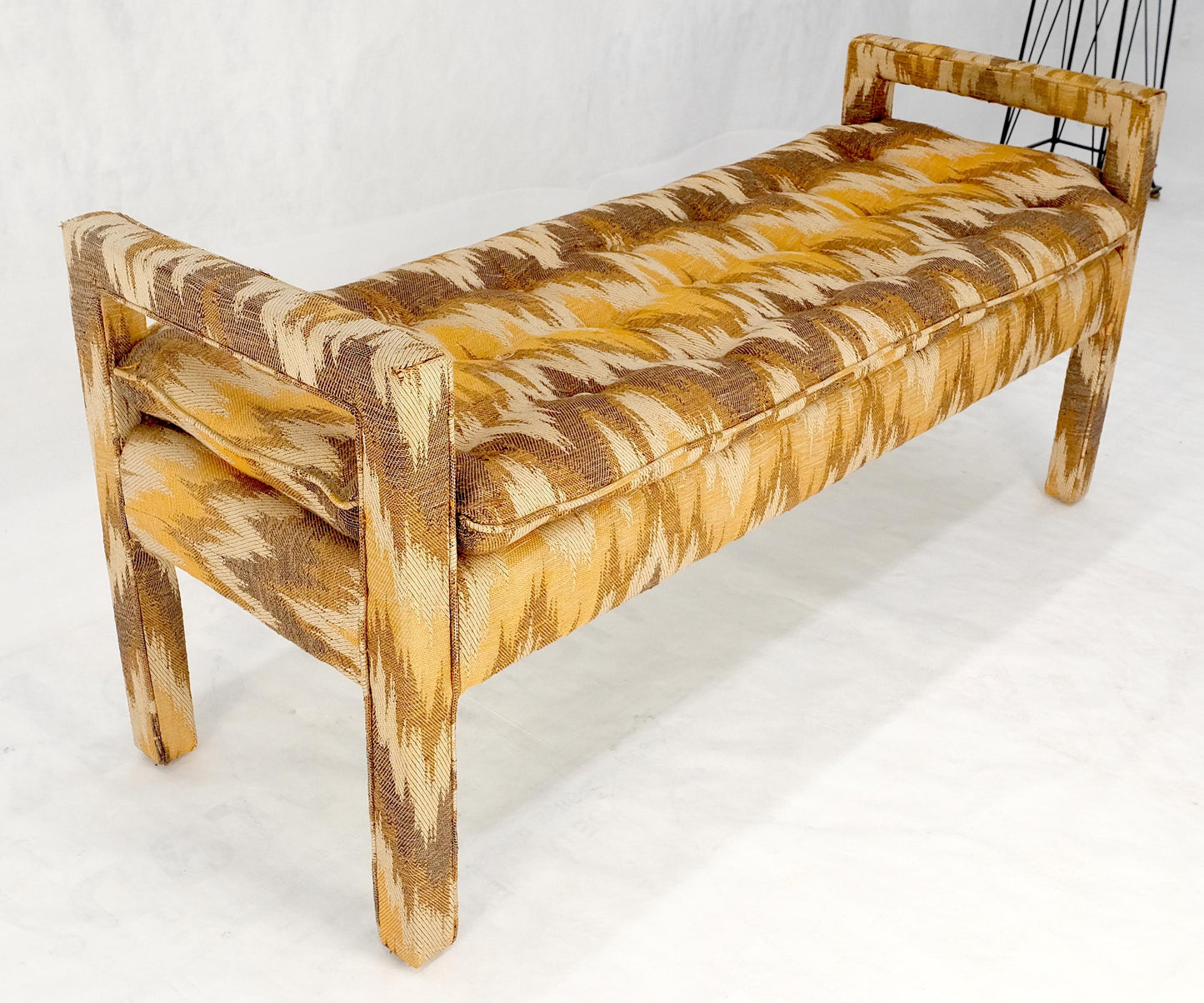 EstablishedLines Flame Pattern Upholstery Double Arms 51" Long Window Bench c1970s Mid Century