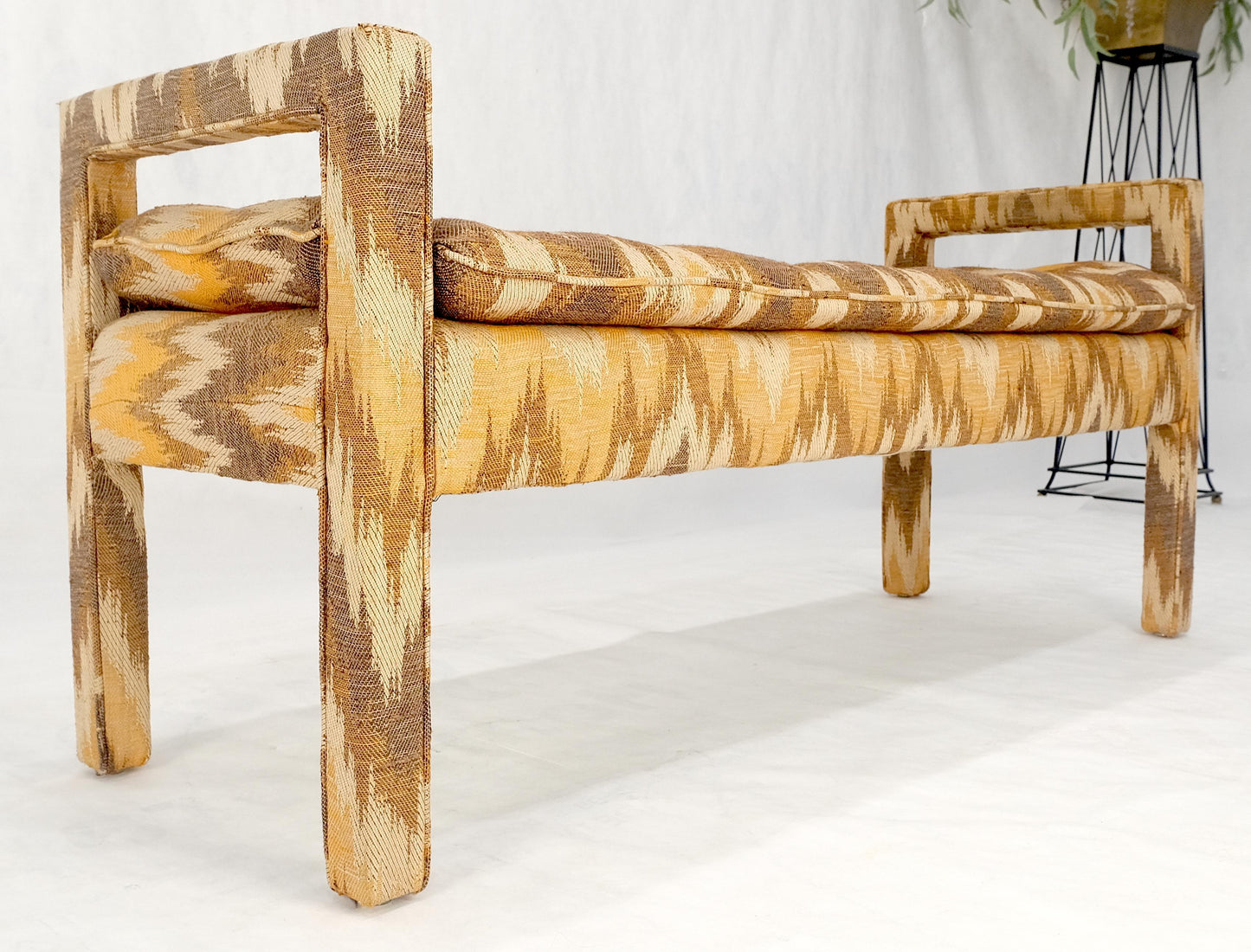 EstablishedLines Flame Pattern Upholstery Double Arms 51" Long Window Bench c1970s Mid Century