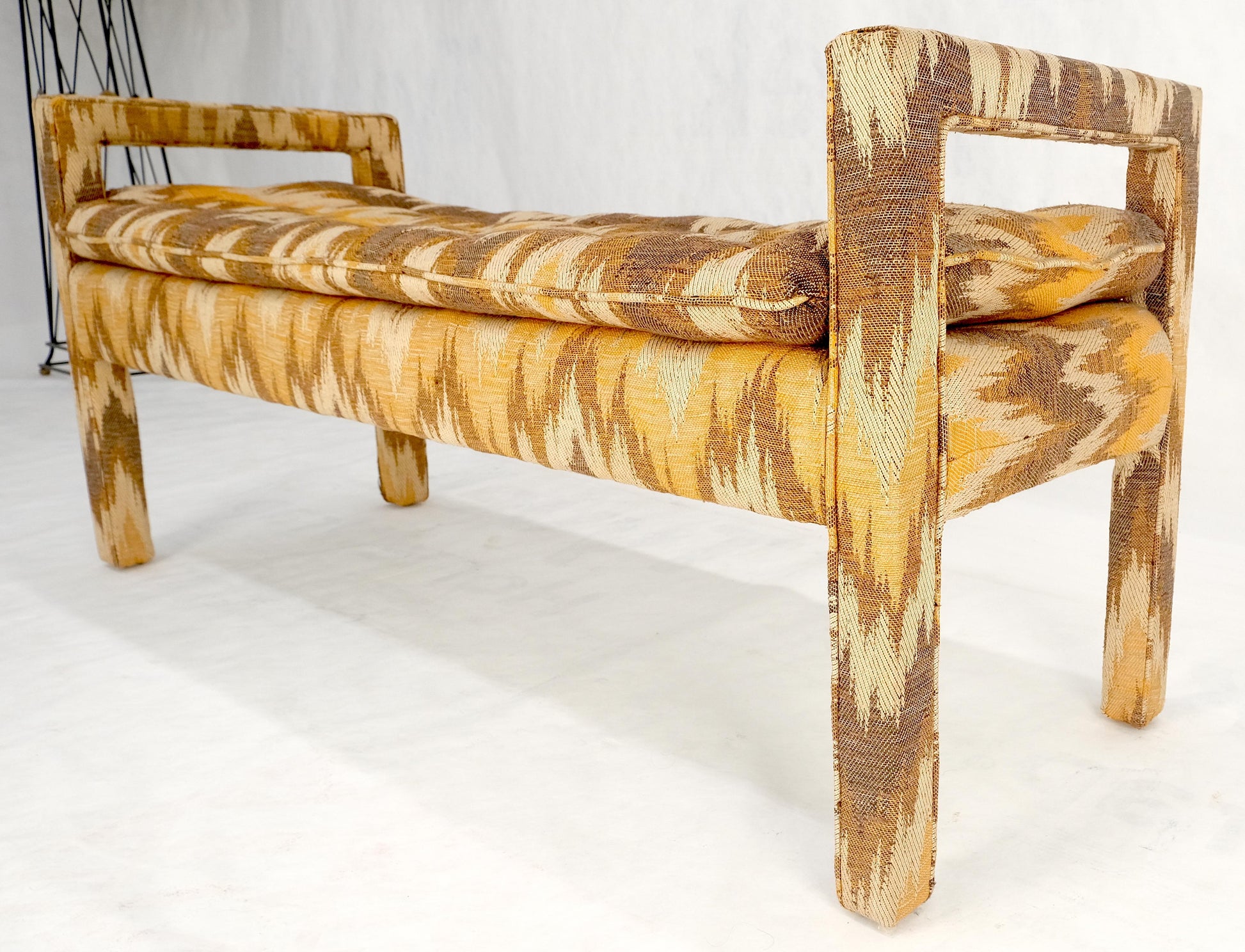 EstablishedLines Flame Pattern Upholstery Double Arms 51" Long Window Bench c1970s Mid Century