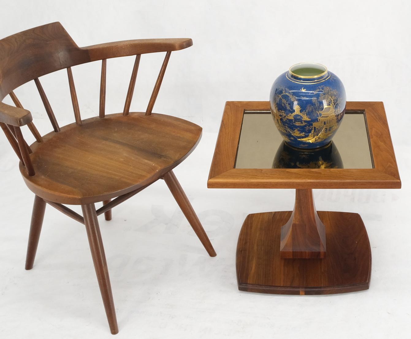 EstablishedLines Square Oiled Walnut Mirror Tile Top Occasional Side End Table Stand Figural Base