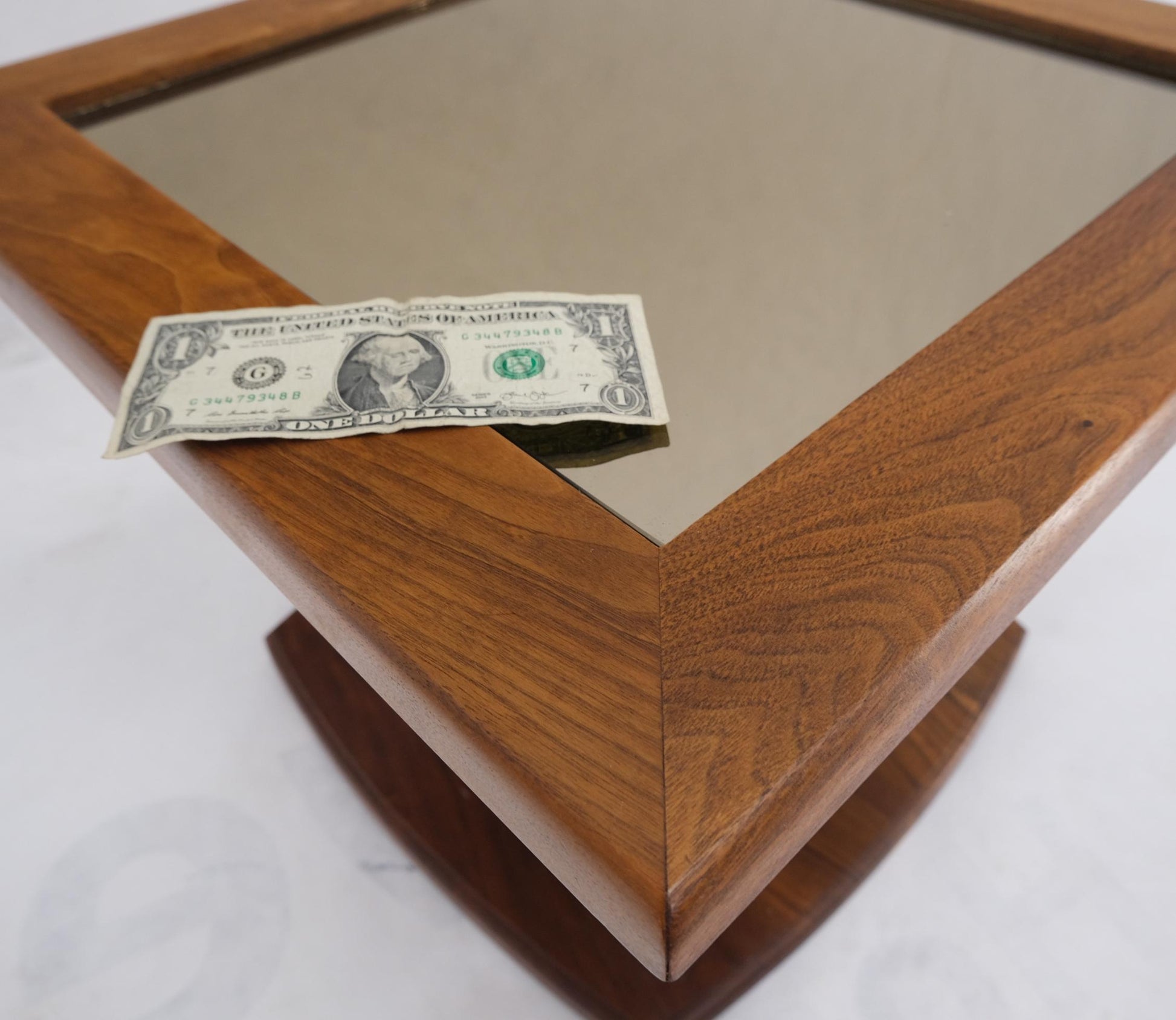 EstablishedLines Square Oiled Walnut Mirror Tile Top Occasional Side End Table Stand Figural Base