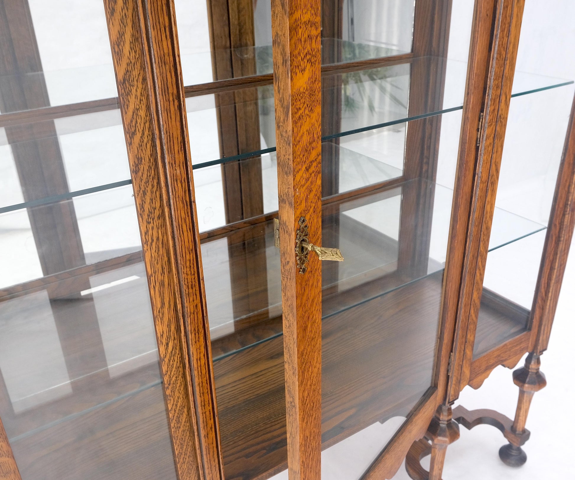 EstablishedLines Light Oak Ball Feet Glass Doors Shelves China Curio Display Cabinet Brass Key