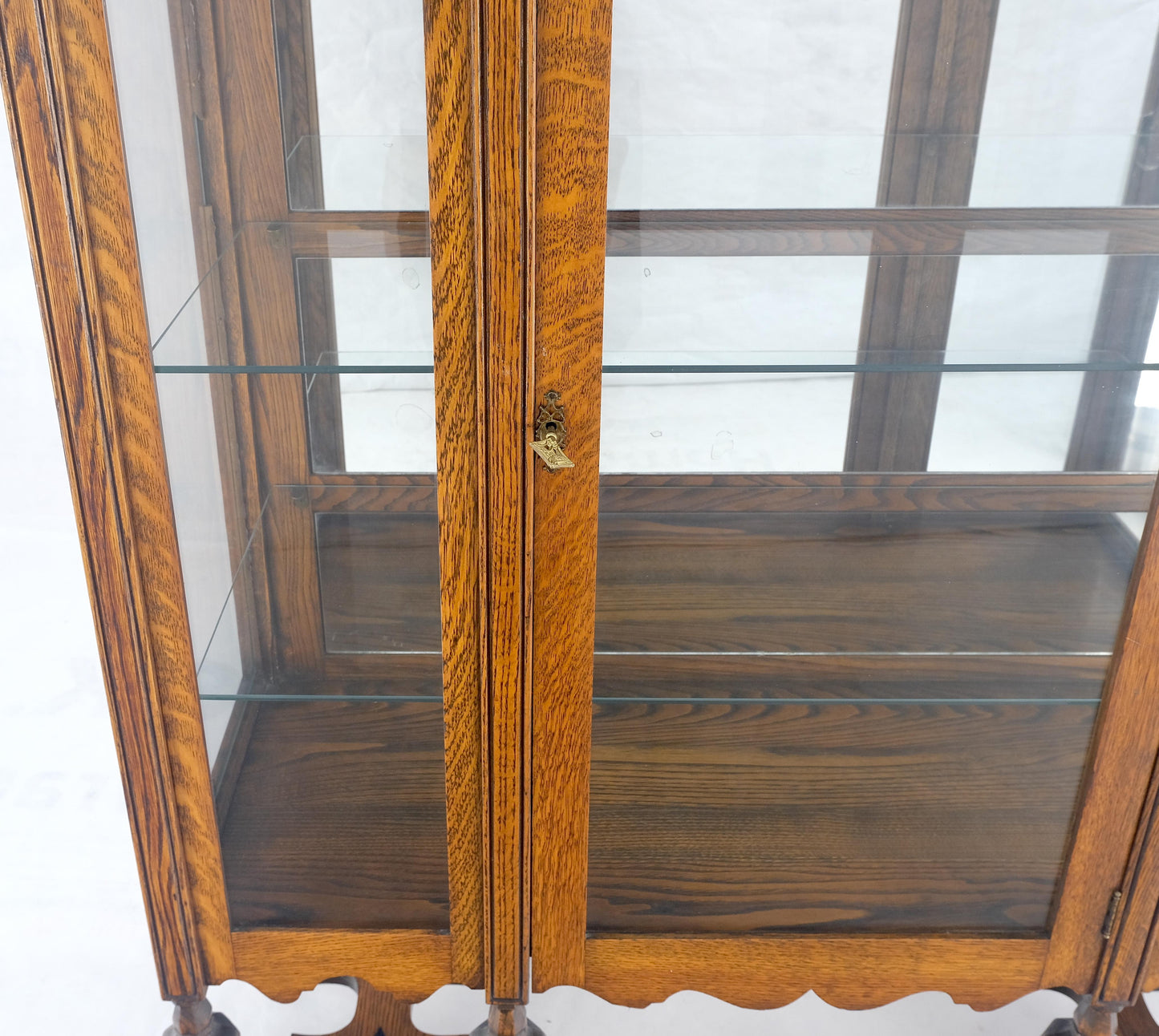 EstablishedLines Light Oak Ball Feet Glass Doors Shelves China Curio Display Cabinet Brass Key