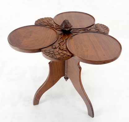 EstablishedLines Carved Teak Acorn Tripod Base Triptych Round Tray Top Side End Serving Table