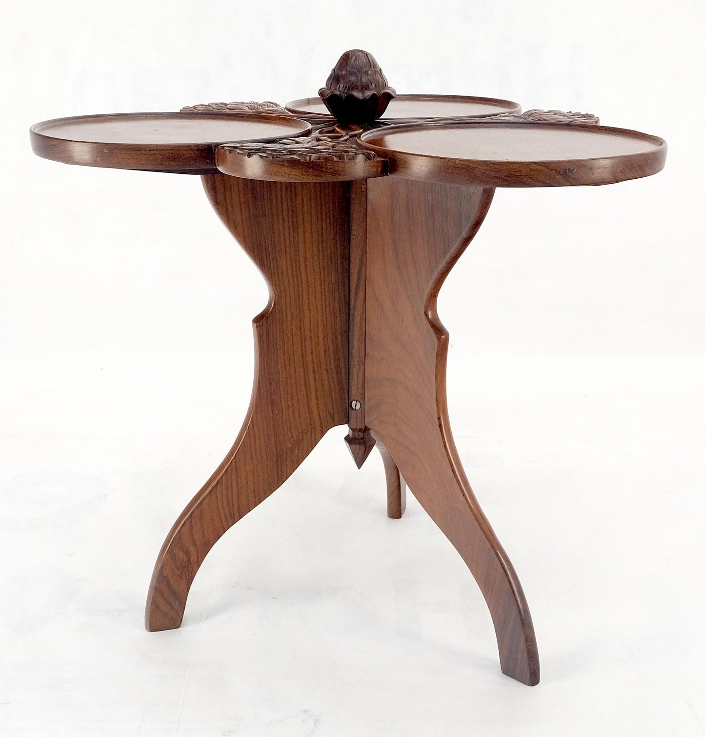 EstablishedLines Carved Teak Acorn Tripod Base Triptych Round Tray Top Side End Serving Table