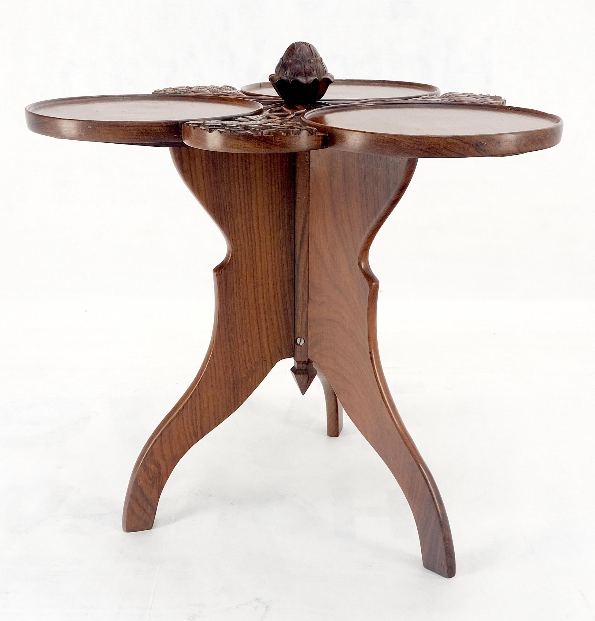 EstablishedLines Carved Teak Acorn Tripod Base Triptych Round Tray Top Side End Serving Table