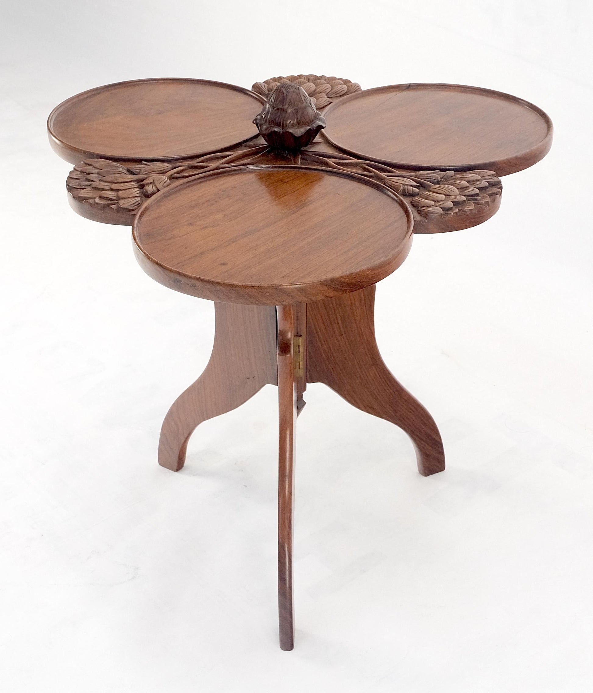 EstablishedLines Carved Teak Acorn Tripod Base Triptych Round Tray Top Side End Serving Table