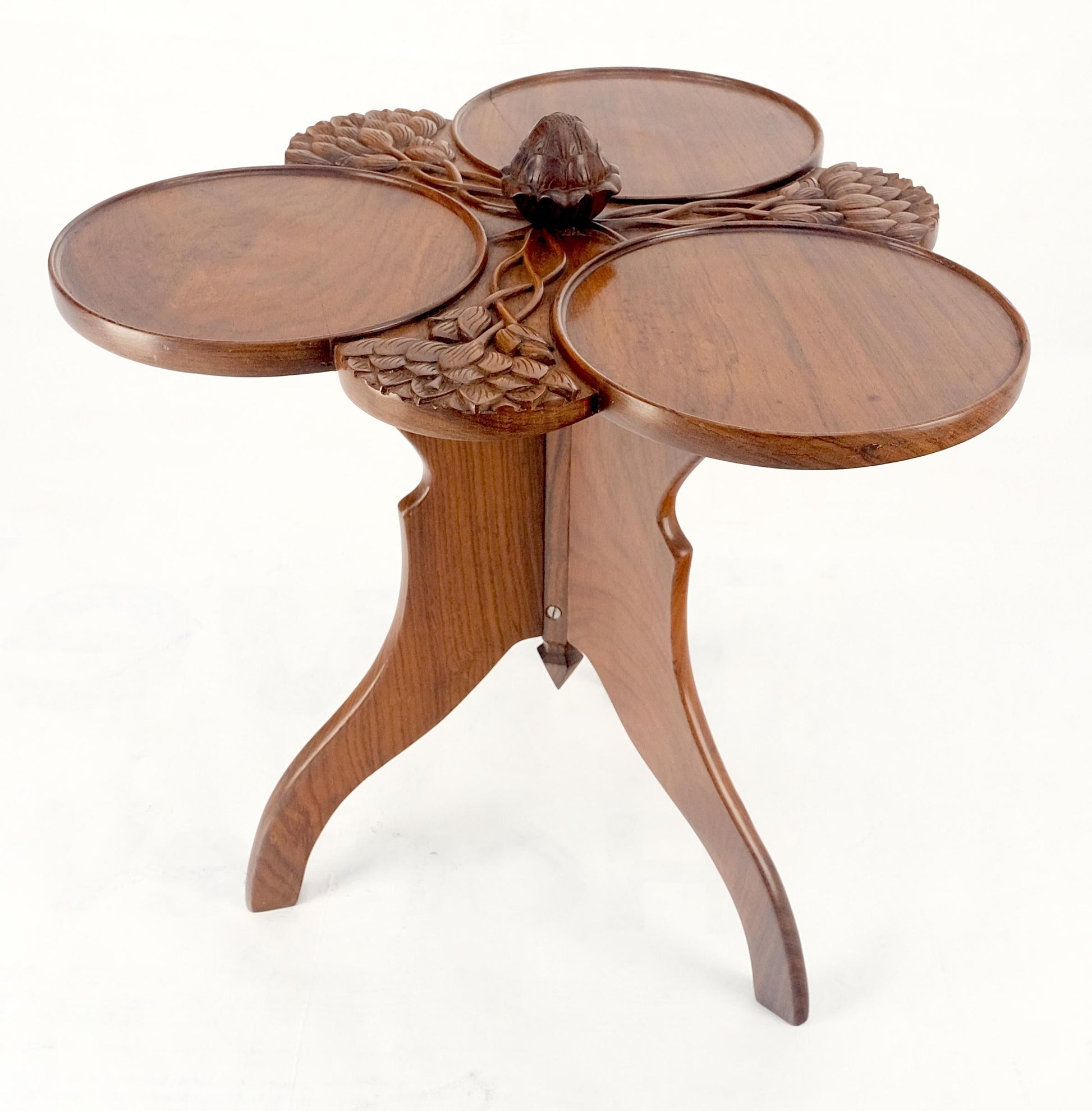 EstablishedLines Carved Teak Acorn Tripod Base Triptych Round Tray Top Side End Serving Table