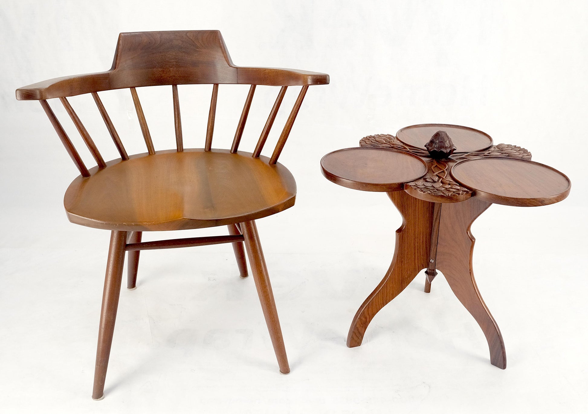 EstablishedLines Carved Teak Acorn Tripod Base Triptych Round Tray Top Side End Serving Table