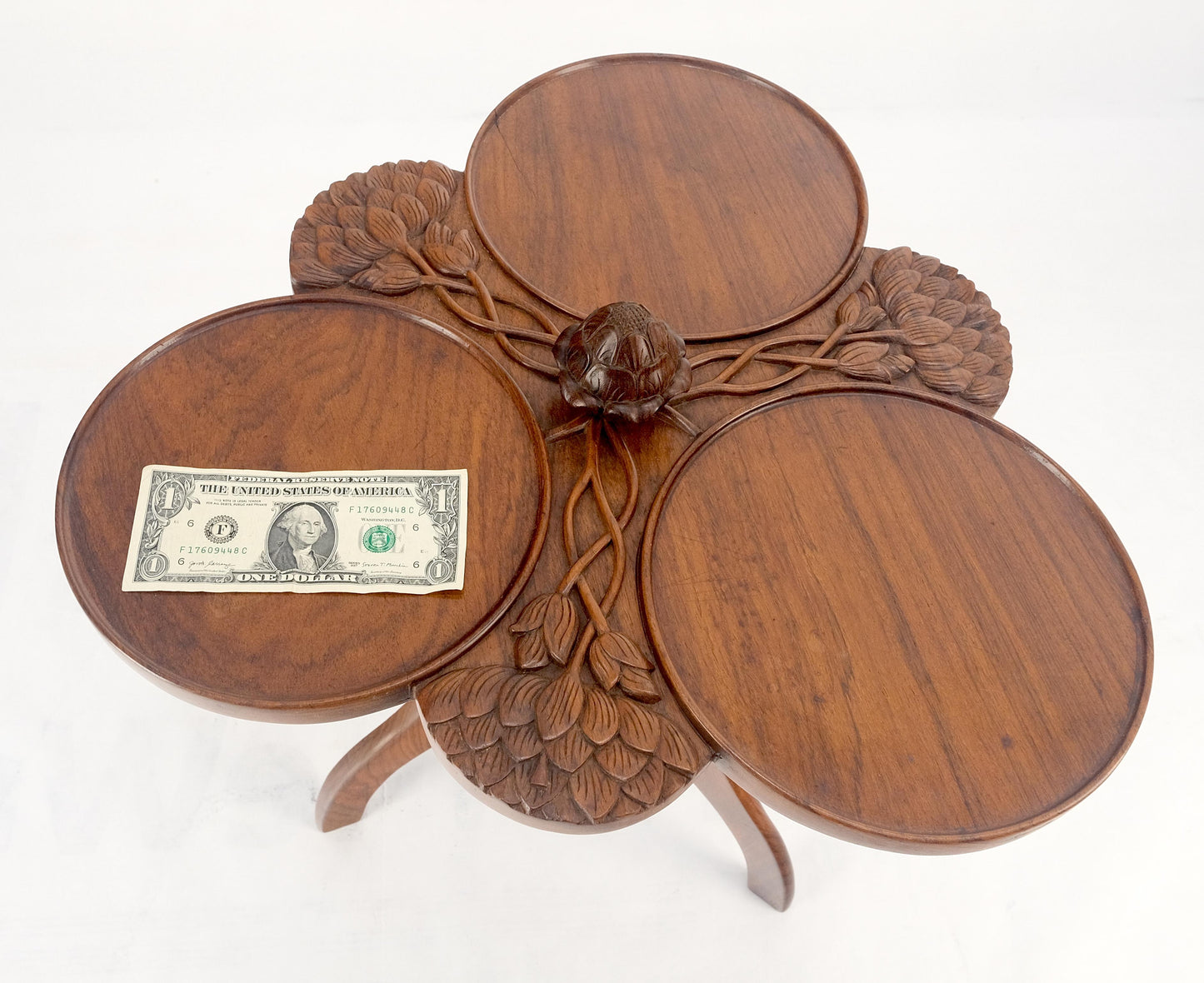 EstablishedLines Carved Teak Acorn Tripod Base Triptych Round Tray Top Side End Serving Table