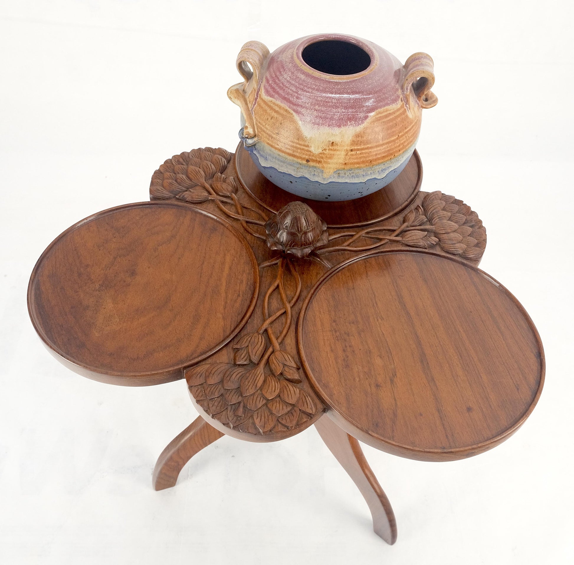 EstablishedLines Carved Teak Acorn Tripod Base Triptych Round Tray Top Side End Serving Table