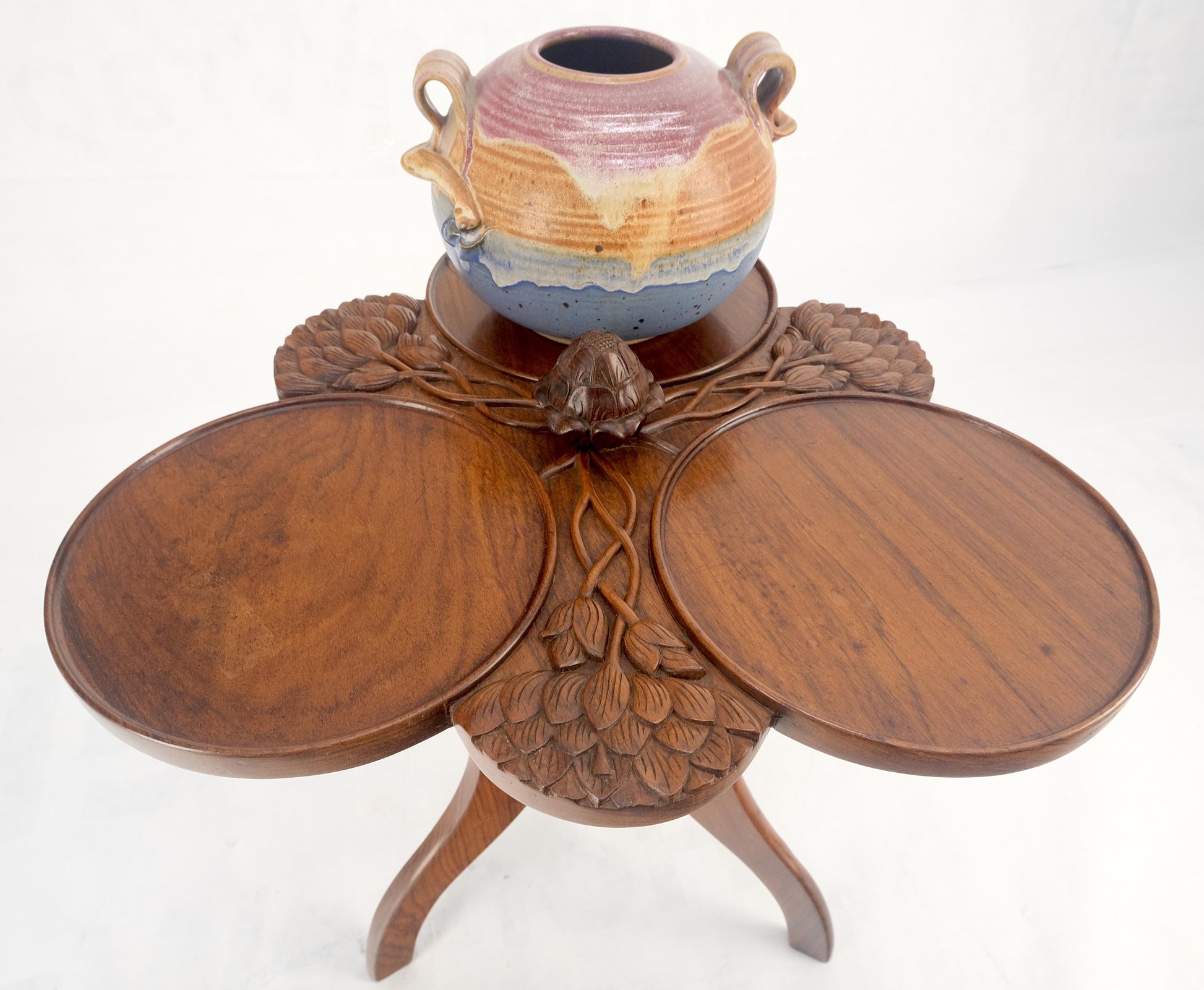EstablishedLines Carved Teak Acorn Tripod Base Triptych Round Tray Top Side End Serving Table