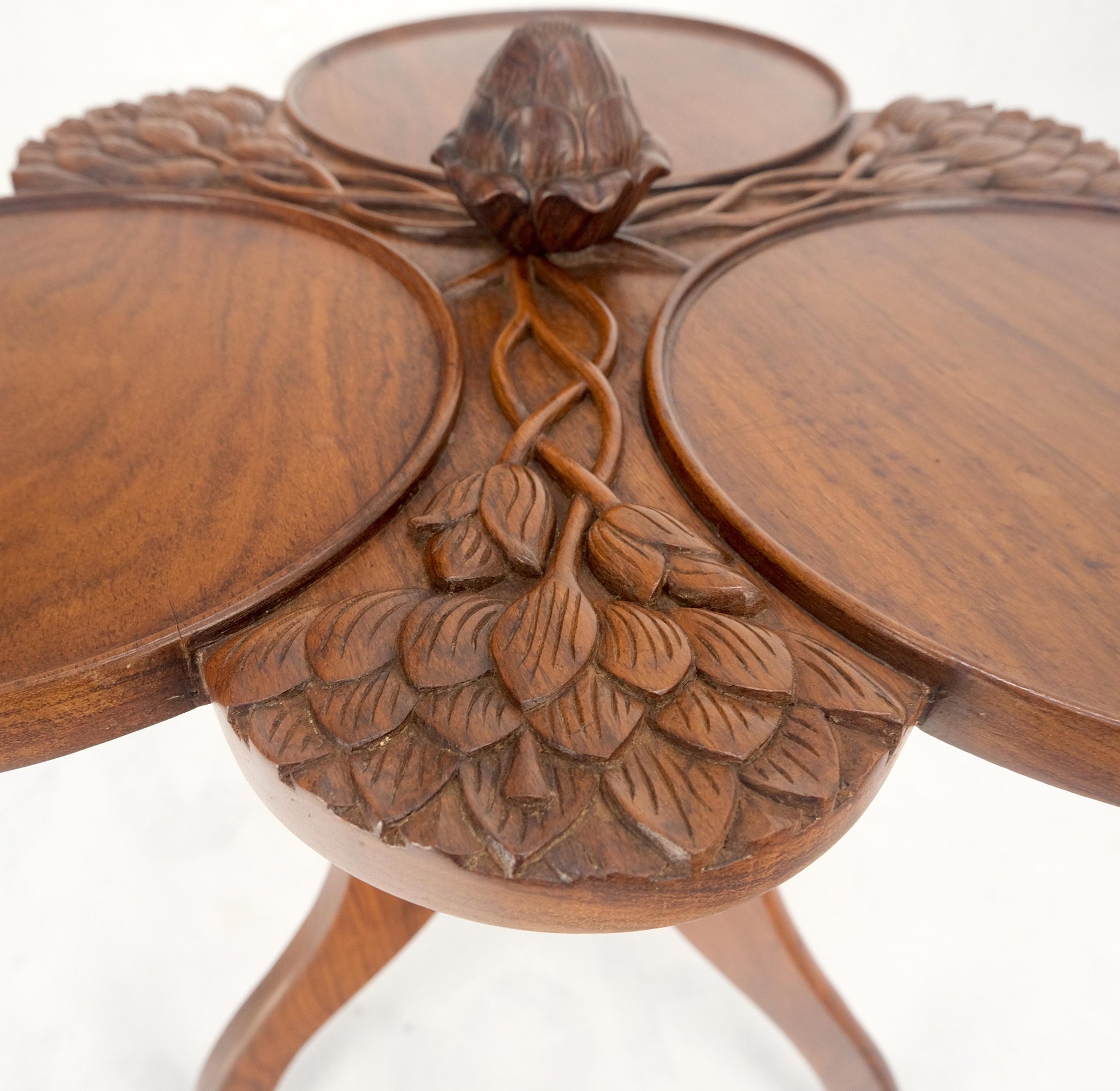 EstablishedLines Carved Teak Acorn Tripod Base Triptych Round Tray Top Side End Serving Table