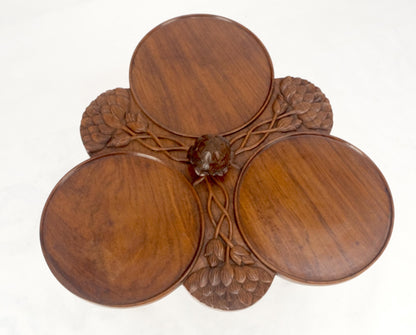EstablishedLines Carved Teak Acorn Tripod Base Triptych Round Tray Top Side End Serving Table
