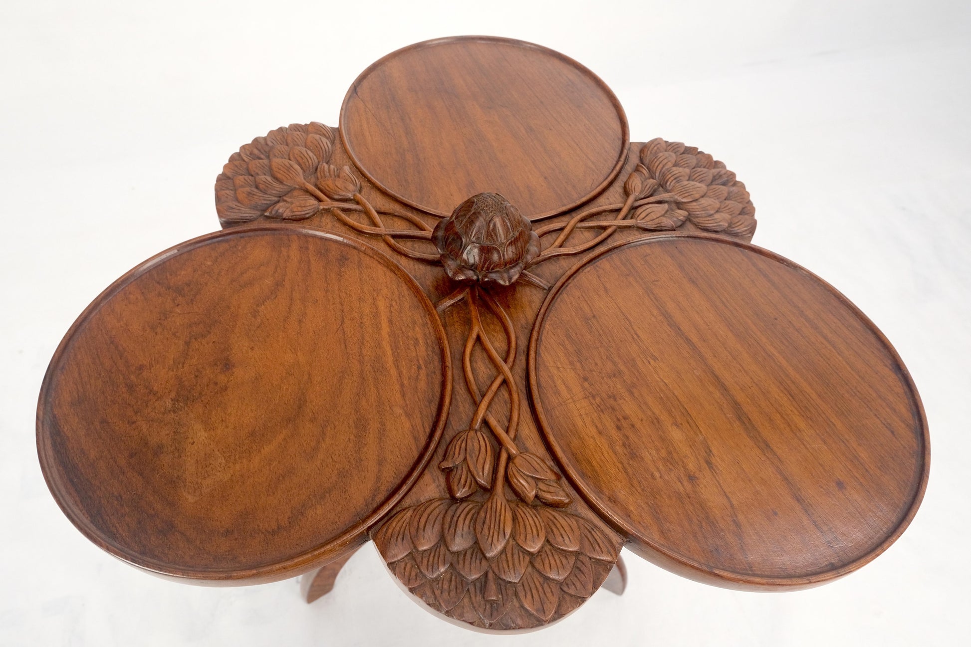 EstablishedLines Carved Teak Acorn Tripod Base Triptych Round Tray Top Side End Serving Table