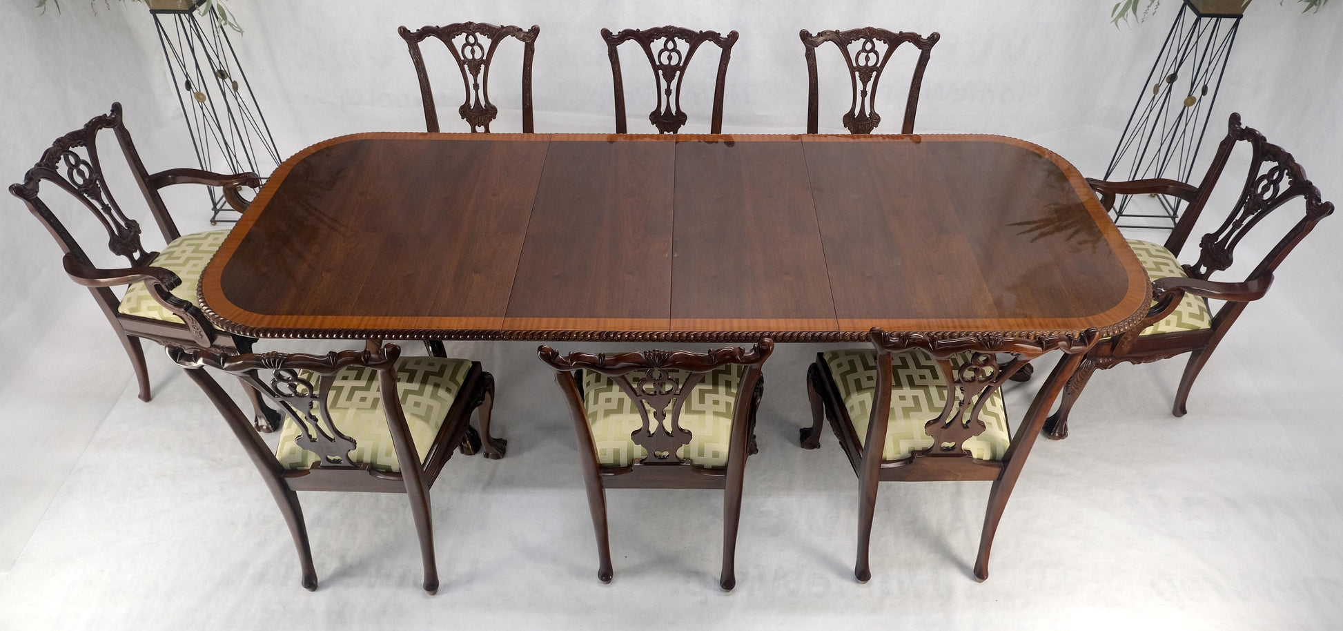 Mahogany Chippendale Rope Edge Two Leaves Ball & Claw Dining Table 8 Chairs MINT