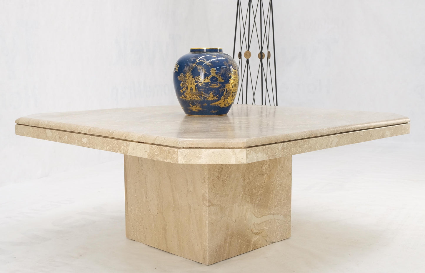 EstablishedLines Large 40" Square Single Pedestal Cut Corners Italian Mid Century Coffee Table