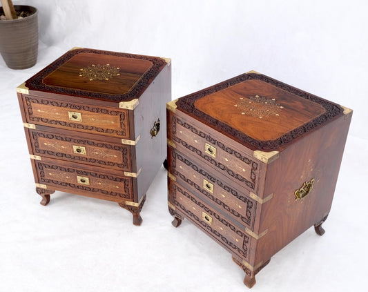 EstablishedLines Pair 3 Drawer Solid Rosewood Campaign Style Brass Inlay Decorated Night Stands