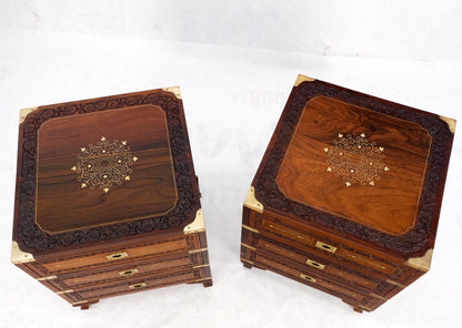 EstablishedLines Pair 3 Drawer Solid Rosewood Campaign Style Brass Inlay Decorated Night Stands