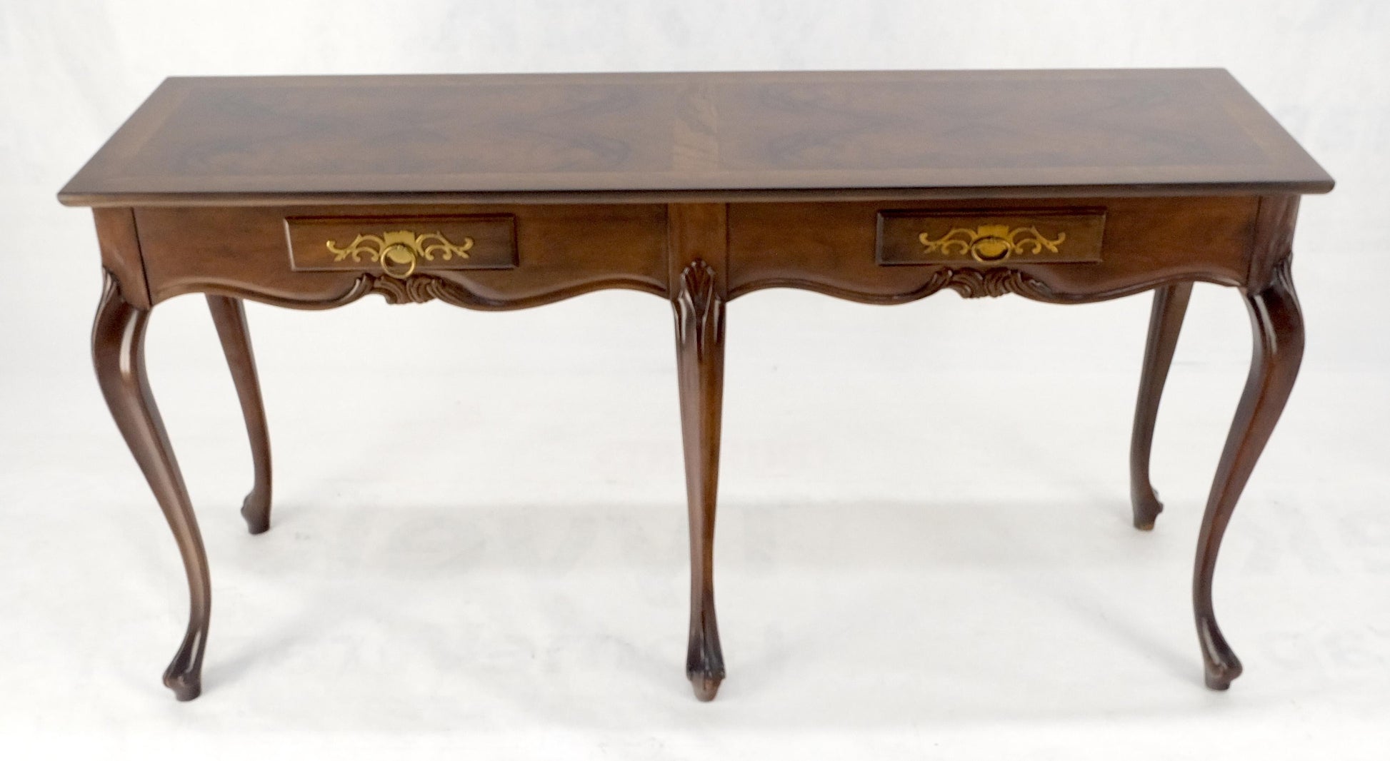 EstablishedLines Baker 54" Long 6 Legged Burl Walnut 2 Drawers Cabriole Leg Console Sofa Table