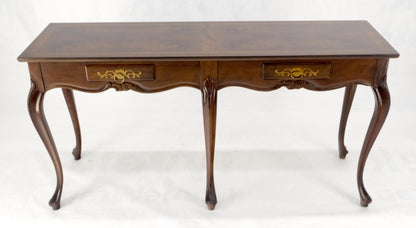 EstablishedLines Baker 54" Long 6 Legged Burl Walnut 2 Drawers Cabriole Leg Console Sofa Table