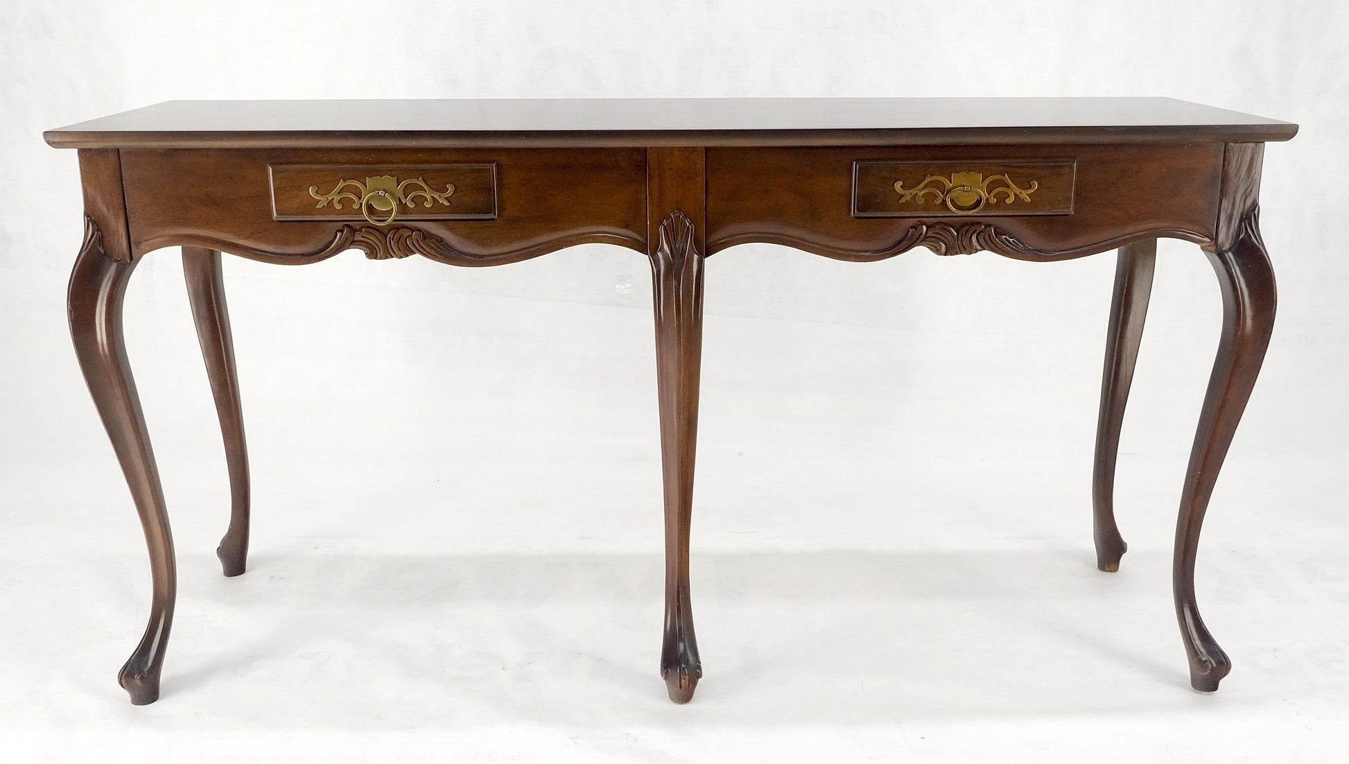 EstablishedLines Baker 54" Long 6 Legged Burl Walnut 2 Drawers Cabriole Leg Console Sofa Table