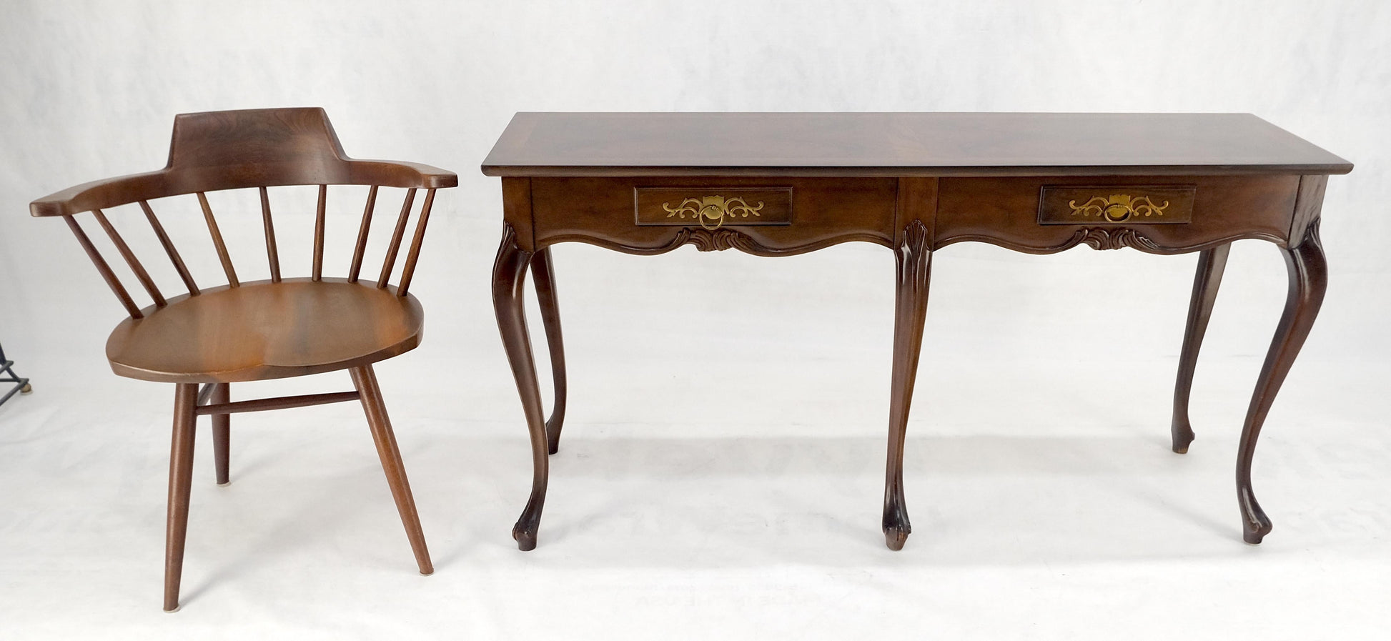 EstablishedLines Baker 54" Long 6 Legged Burl Walnut 2 Drawers Cabriole Leg Console Sofa Table