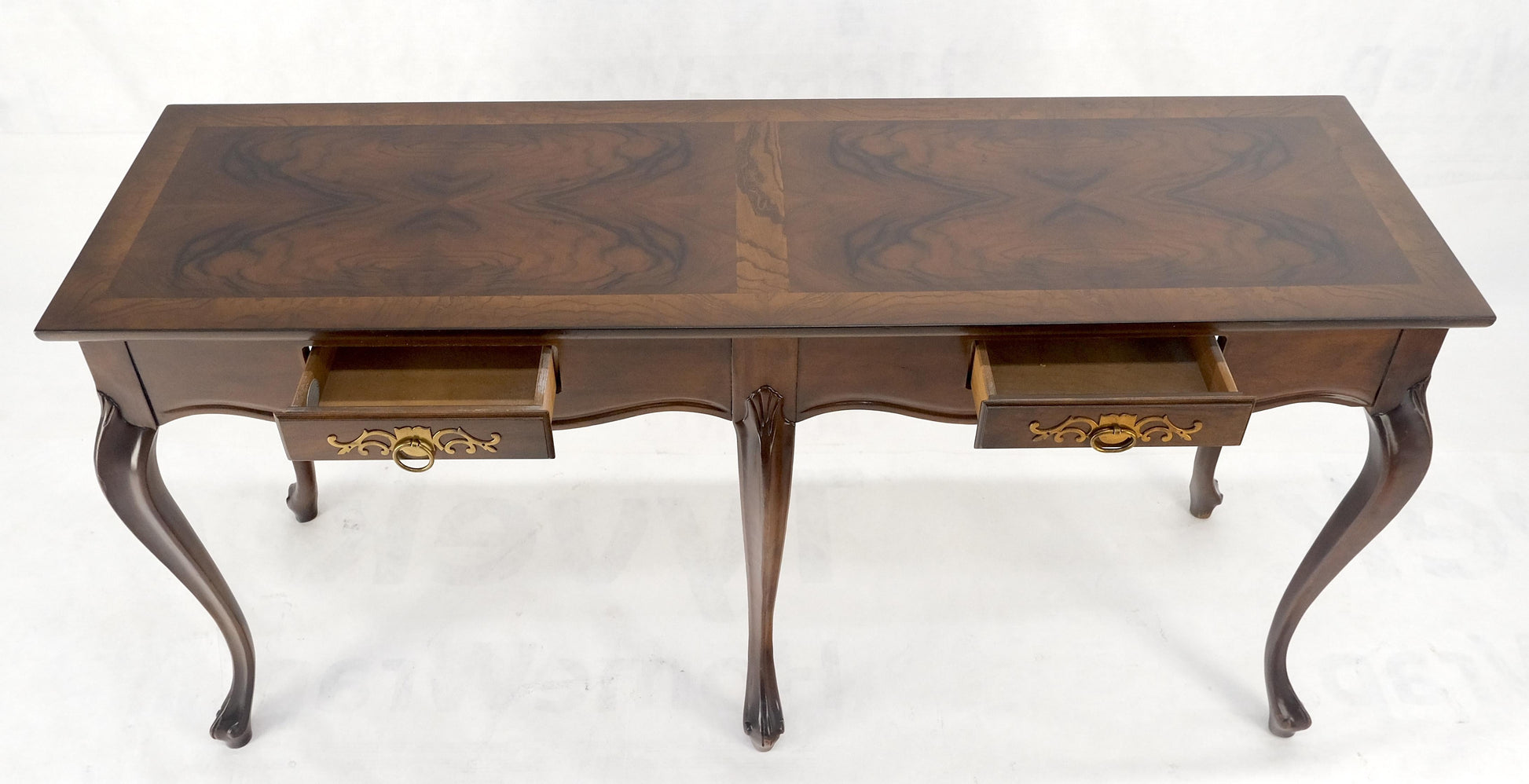 EstablishedLines Baker 54" Long 6 Legged Burl Walnut 2 Drawers Cabriole Leg Console Sofa Table
