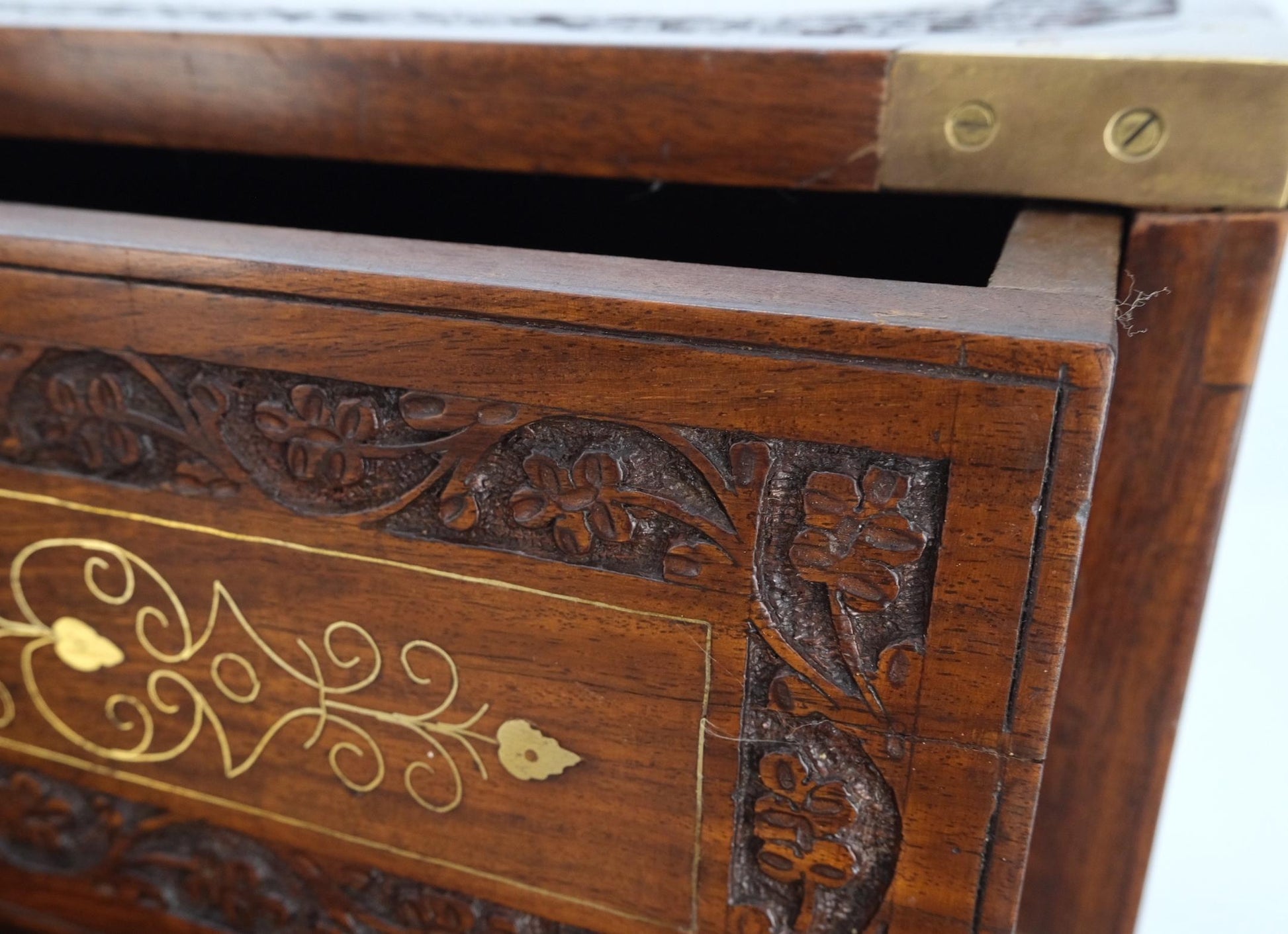 EstablishedLines Pair 3 Drawer Solid Rosewood Campaign Style Brass Inlay Decorated Night Stands
