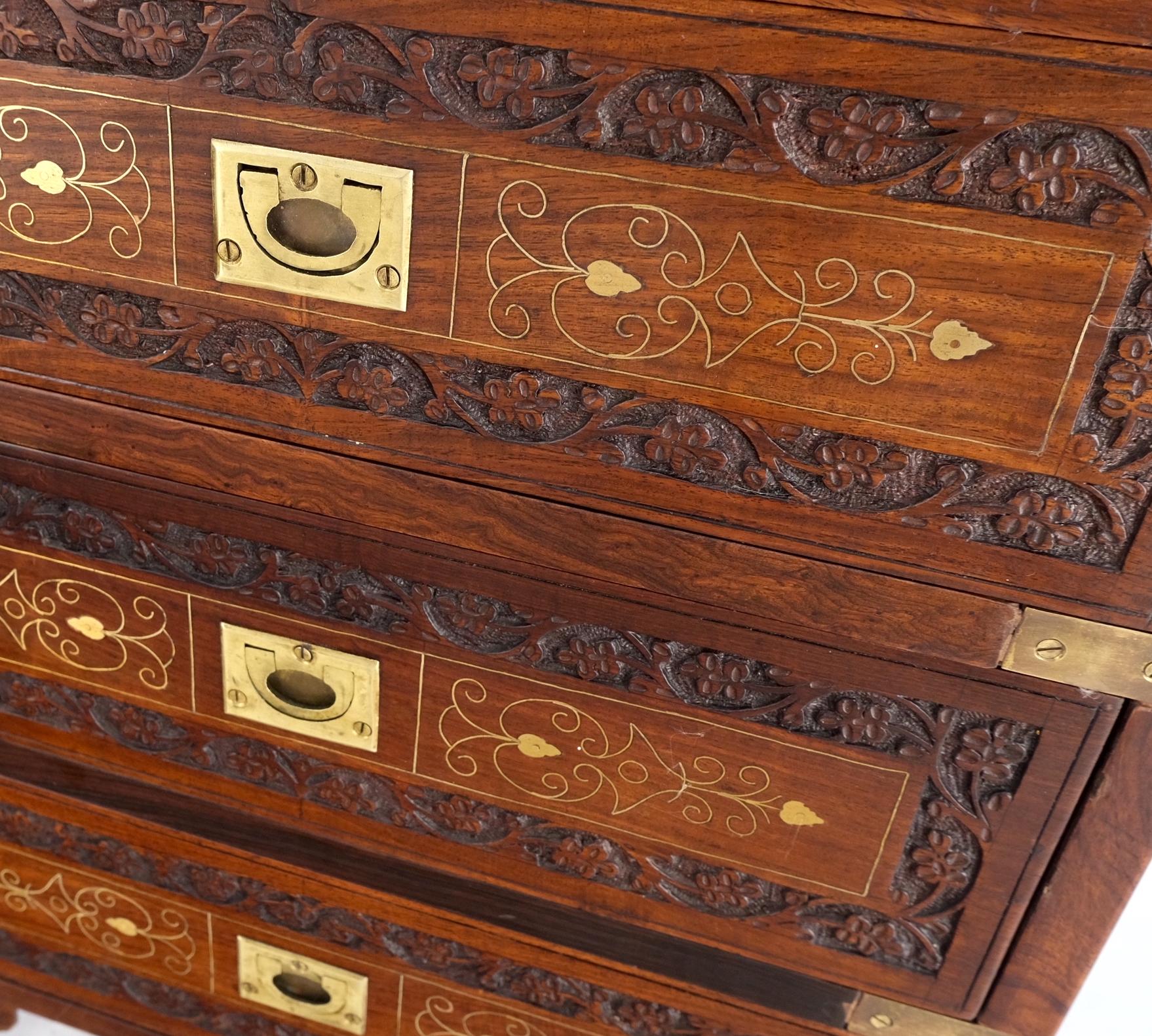 EstablishedLines Pair 3 Drawer Solid Rosewood Campaign Style Brass Inlay Decorated Night Stands