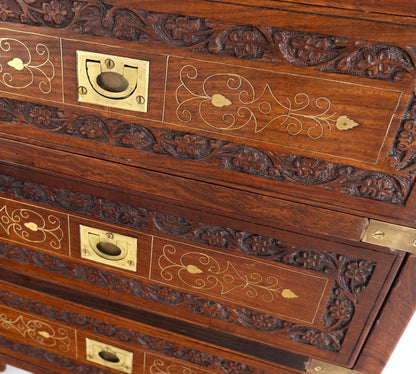 EstablishedLines Pair 3 Drawer Solid Rosewood Campaign Style Brass Inlay Decorated Night Stands