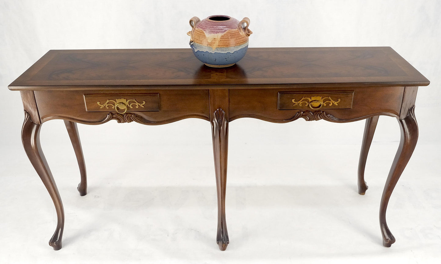 EstablishedLines Baker 54" Long 6 Legged Burl Walnut 2 Drawers Cabriole Leg Console Sofa Table